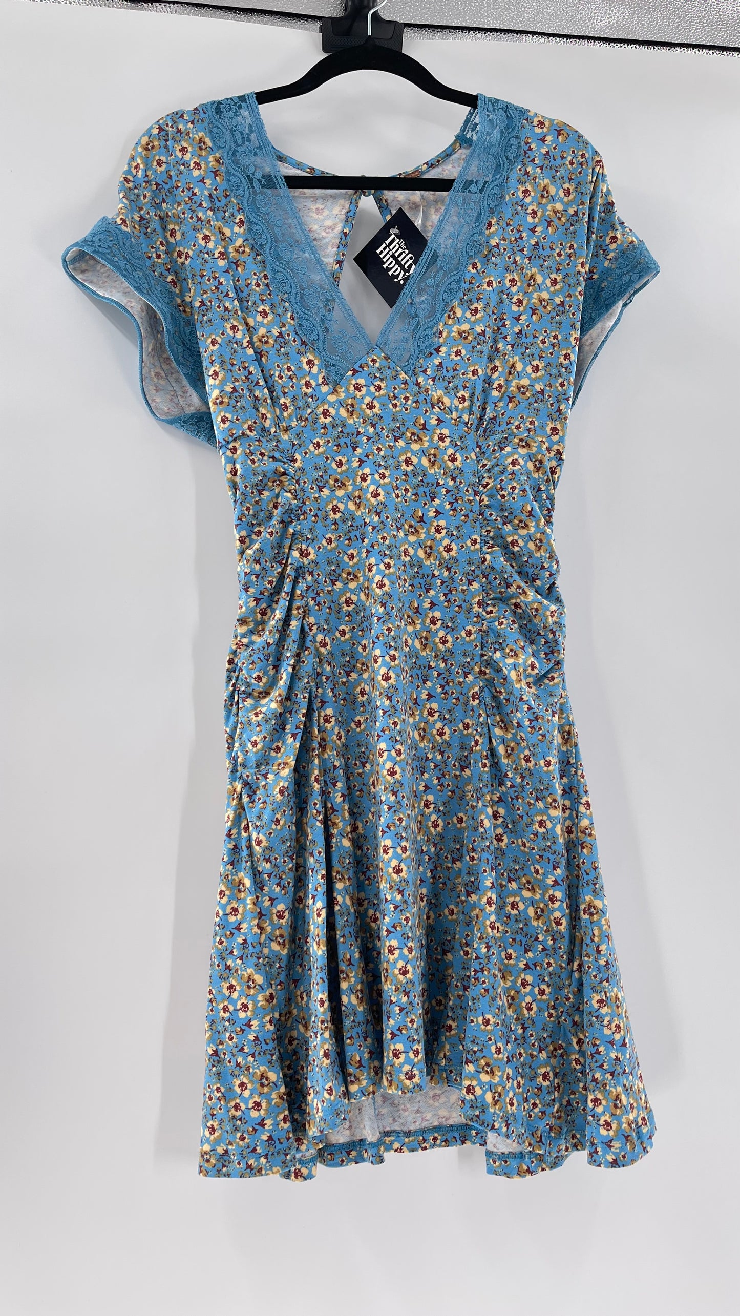 Free People Sweet Talker Blue Floral Ruched Mini Dress (Medium)