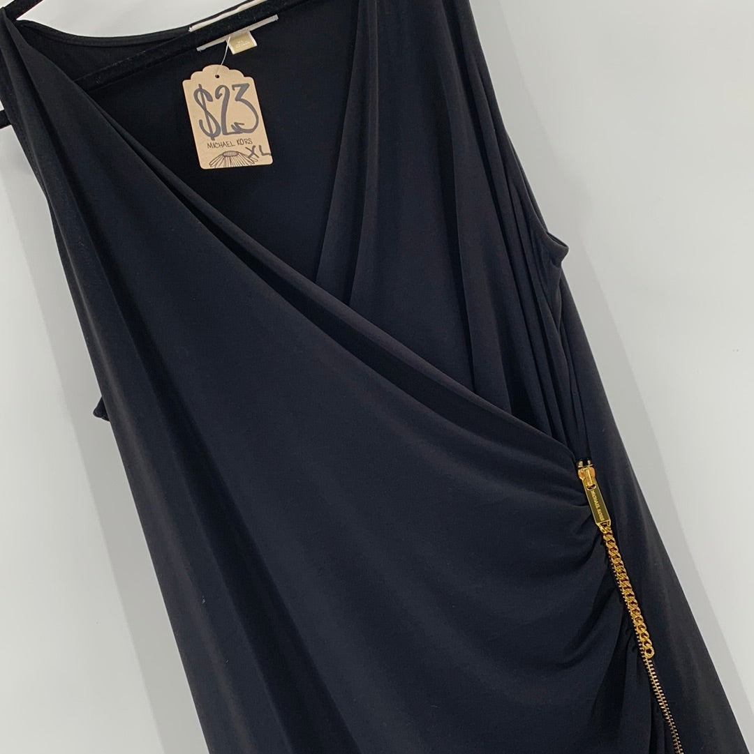 Michael Kors Black Ruched With Gold Size Zipper Asymmetrical Hem Maxi Dress(Size XL) Michael Kors Black Ruched With Gold Size Zipper Asymmetrical Hem Maxi Dress(Size XL)