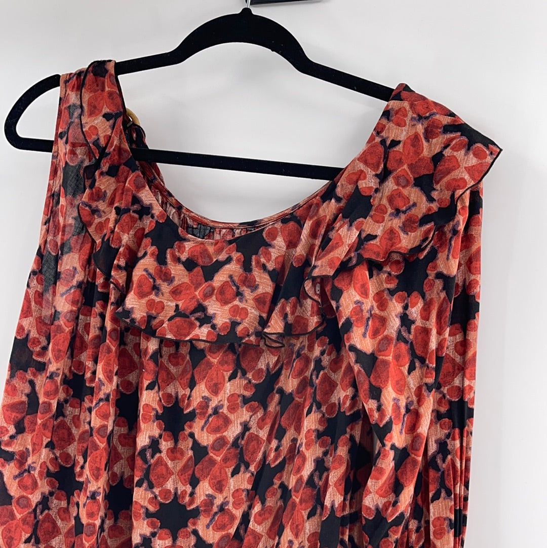 Free People One Sleeve Red Patterned Top (XS)