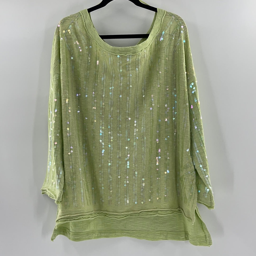 Free People Lime Green with Iridescent Sequin High Low Sweater (Size Small)