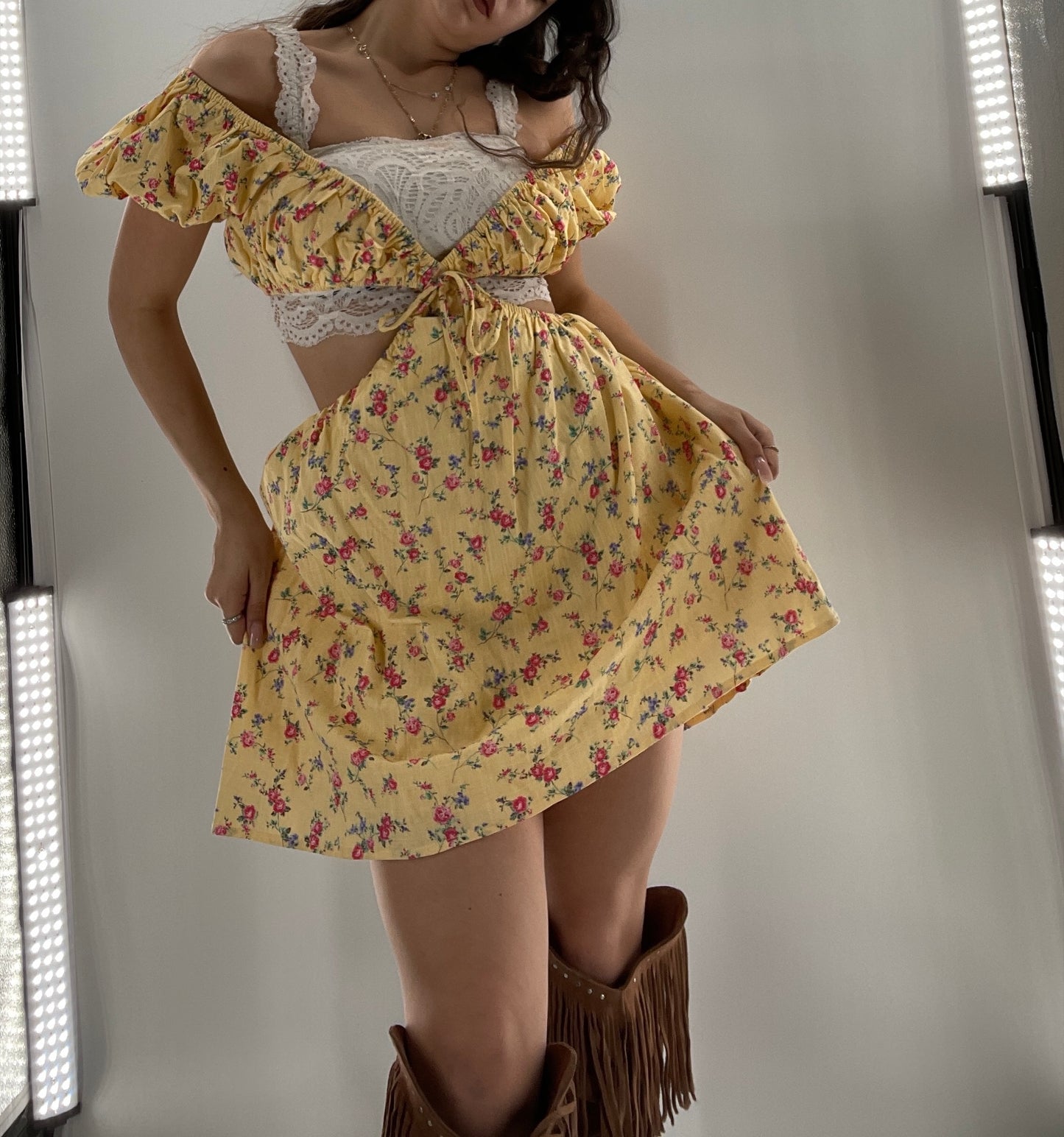 Yellow Cut Out Floral Dress (Small)