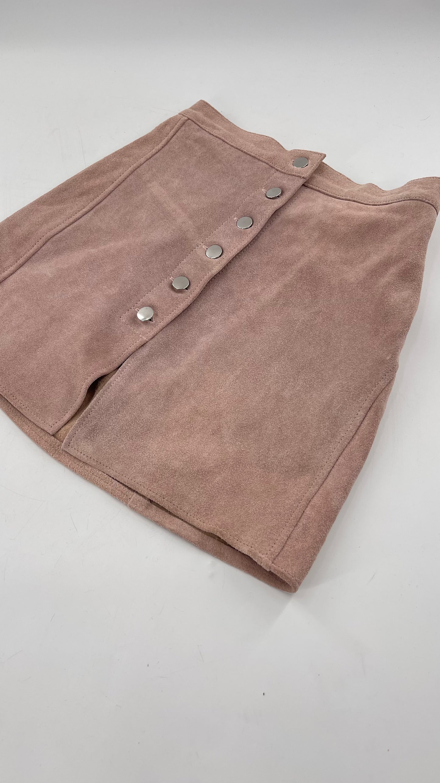 Free People Understated Leather Dusty Pink Suede Button Side Mini Skirt (Small)