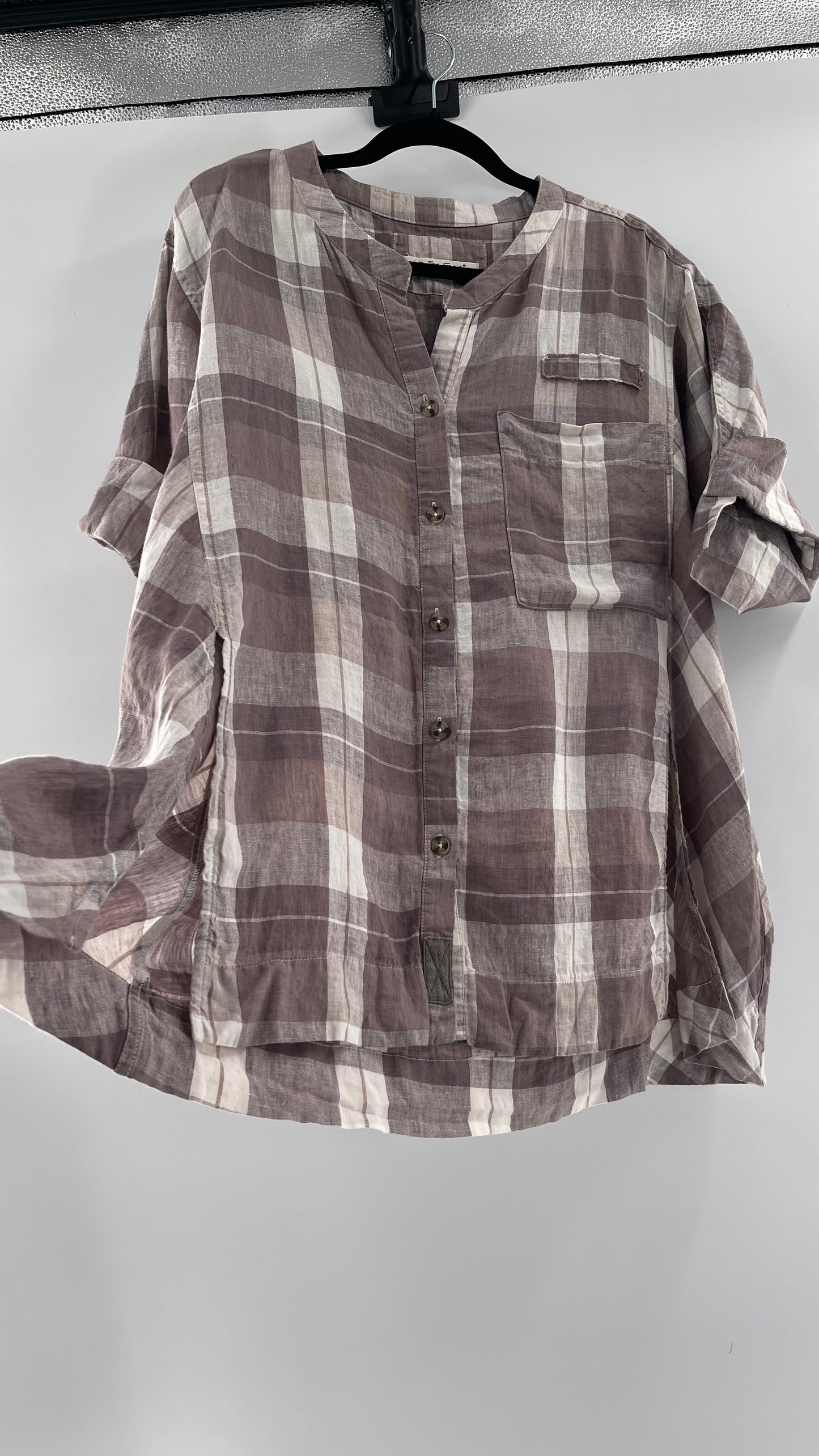 Free People 100% Linen Plaid Grey Short Sleeve (Small)