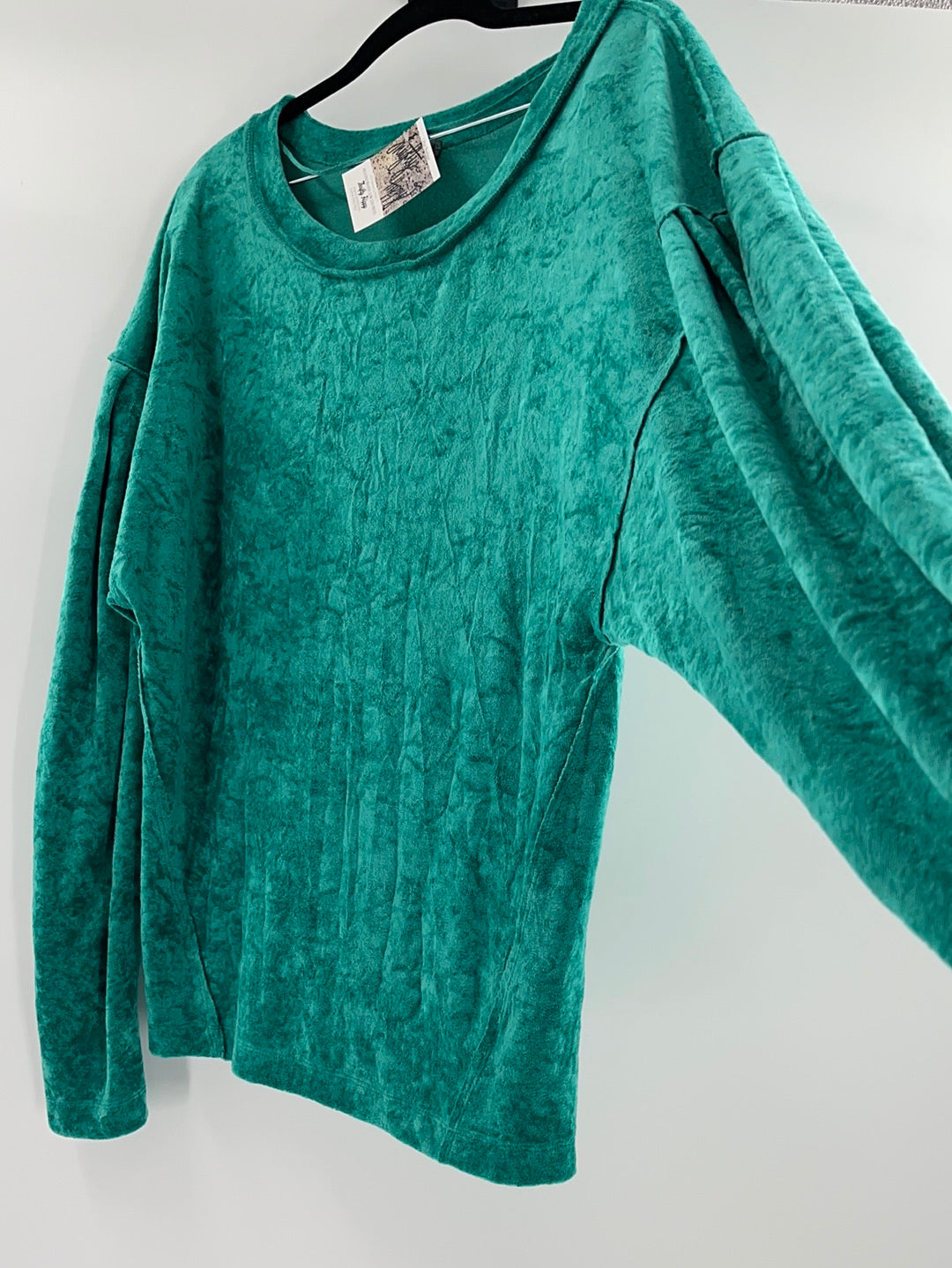 Free People -WE THE FREE Milan Crushed Velvet Long Balloon Sleeve Green Top (Size Large)