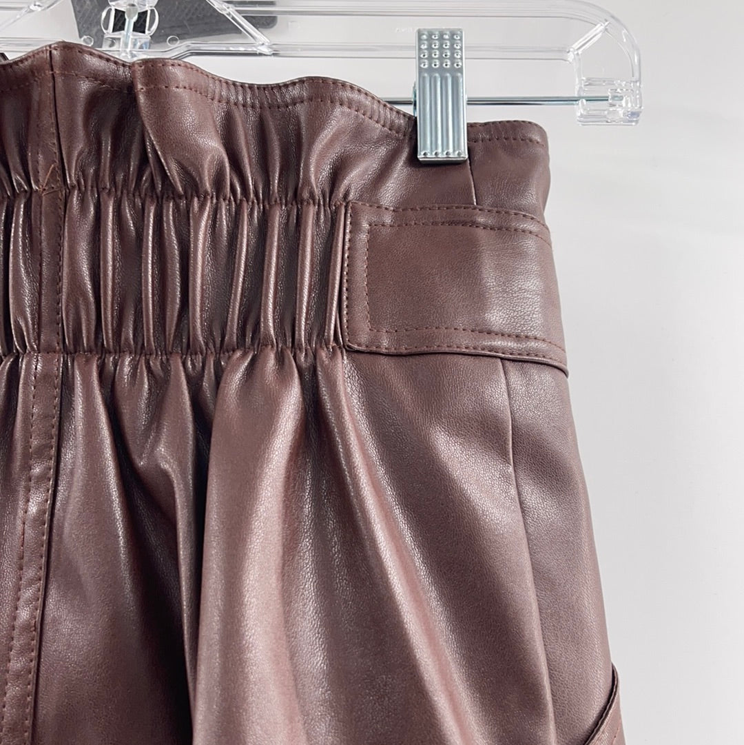 Urban Outfitters Brown Vegan Leather Mini Skirt with Elastic Waist, Belt and Front Buttons (Size XS)