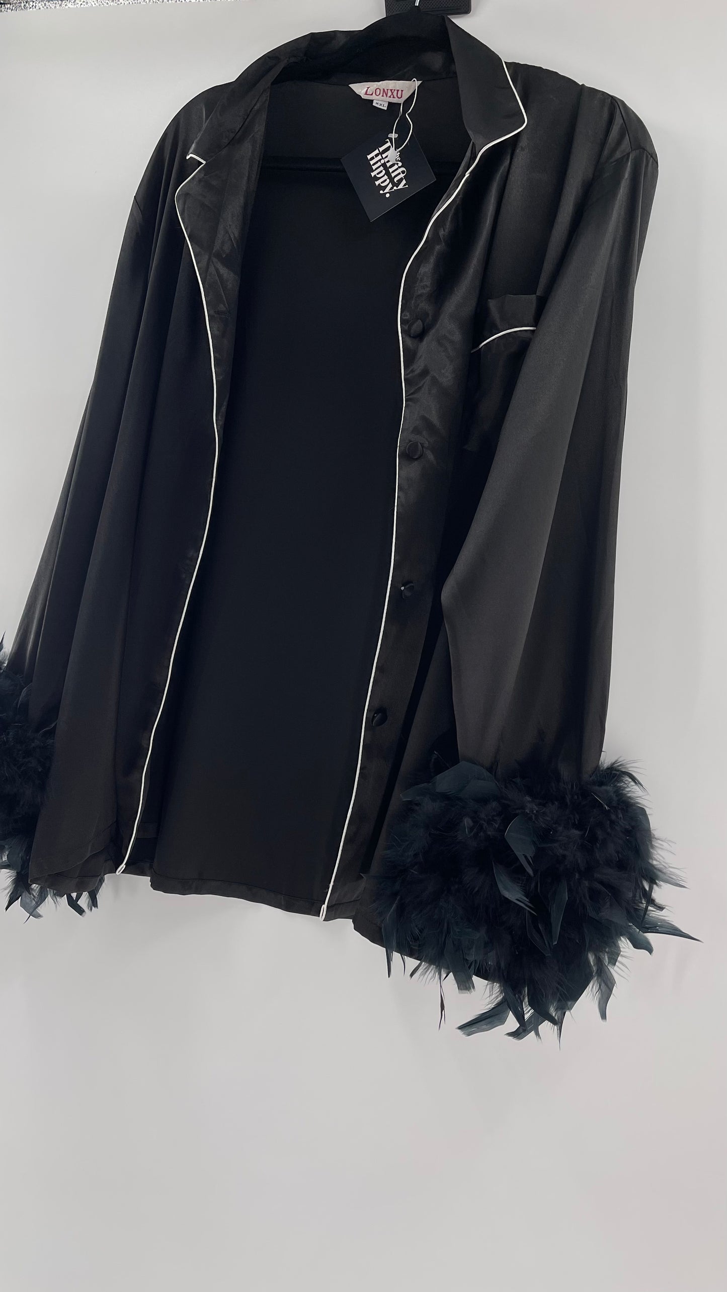 Lonxu Black Satin Pijama Top with Ostrich Feather Cuffs (XXL)