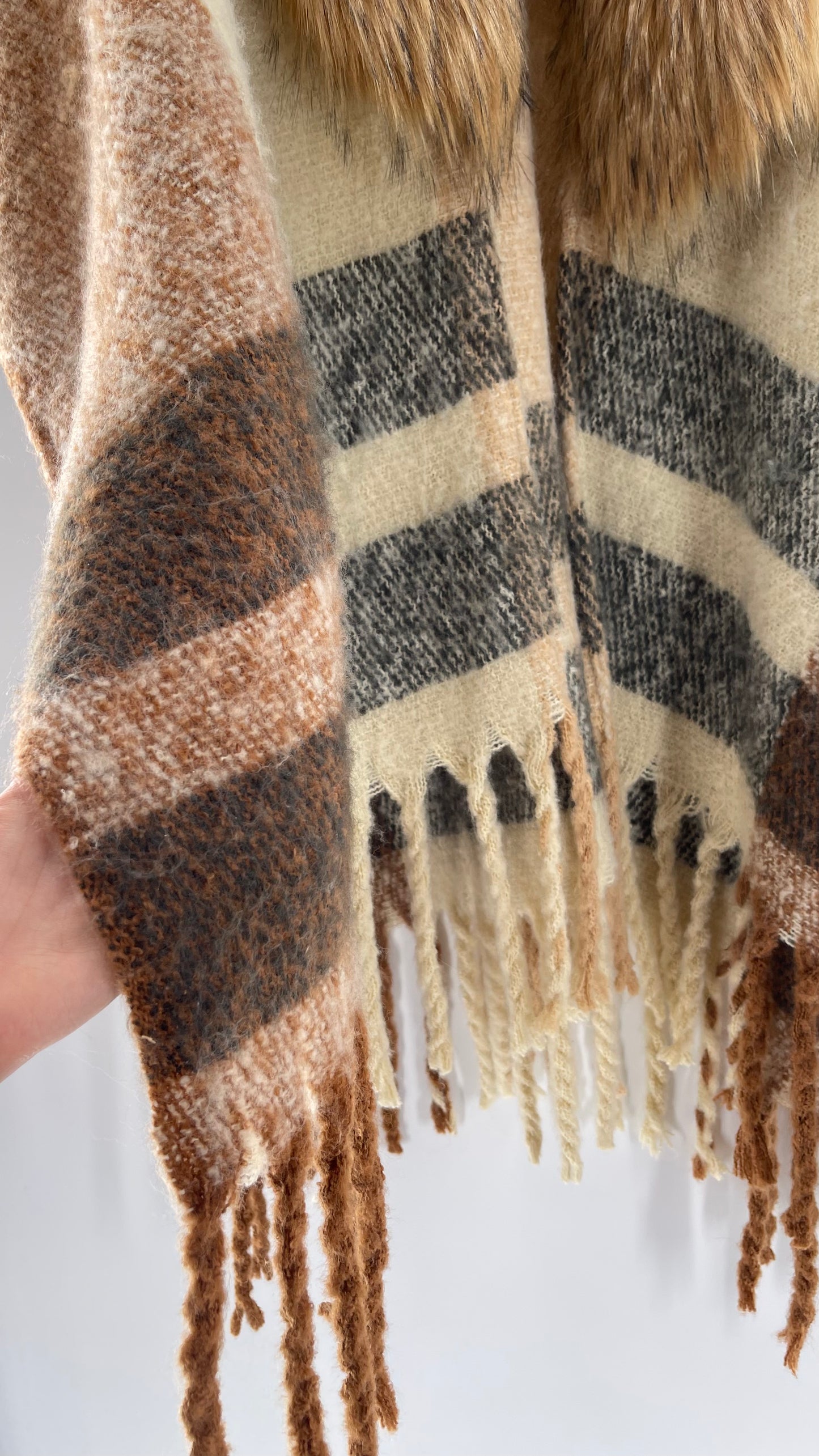 Adrienne Vitadinni Fringe Plaid Fur Collar Cape (OS)
