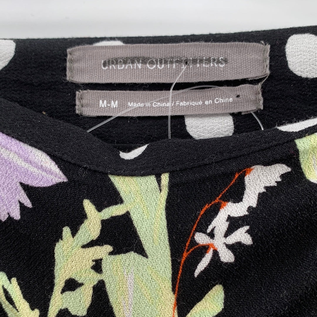 Urban Outfitters Ruched Black Mini Skirt With White Polka Dots and Lilac and Green Flowers (Size M)