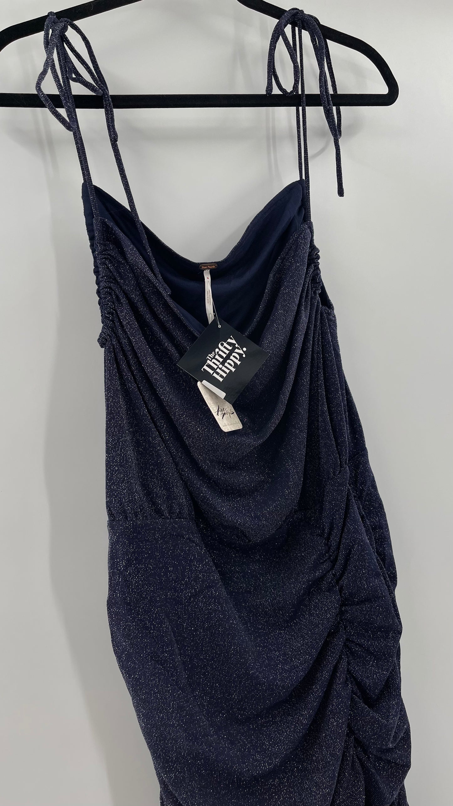 Free People Navy Glitter Ruche Dress (Large)