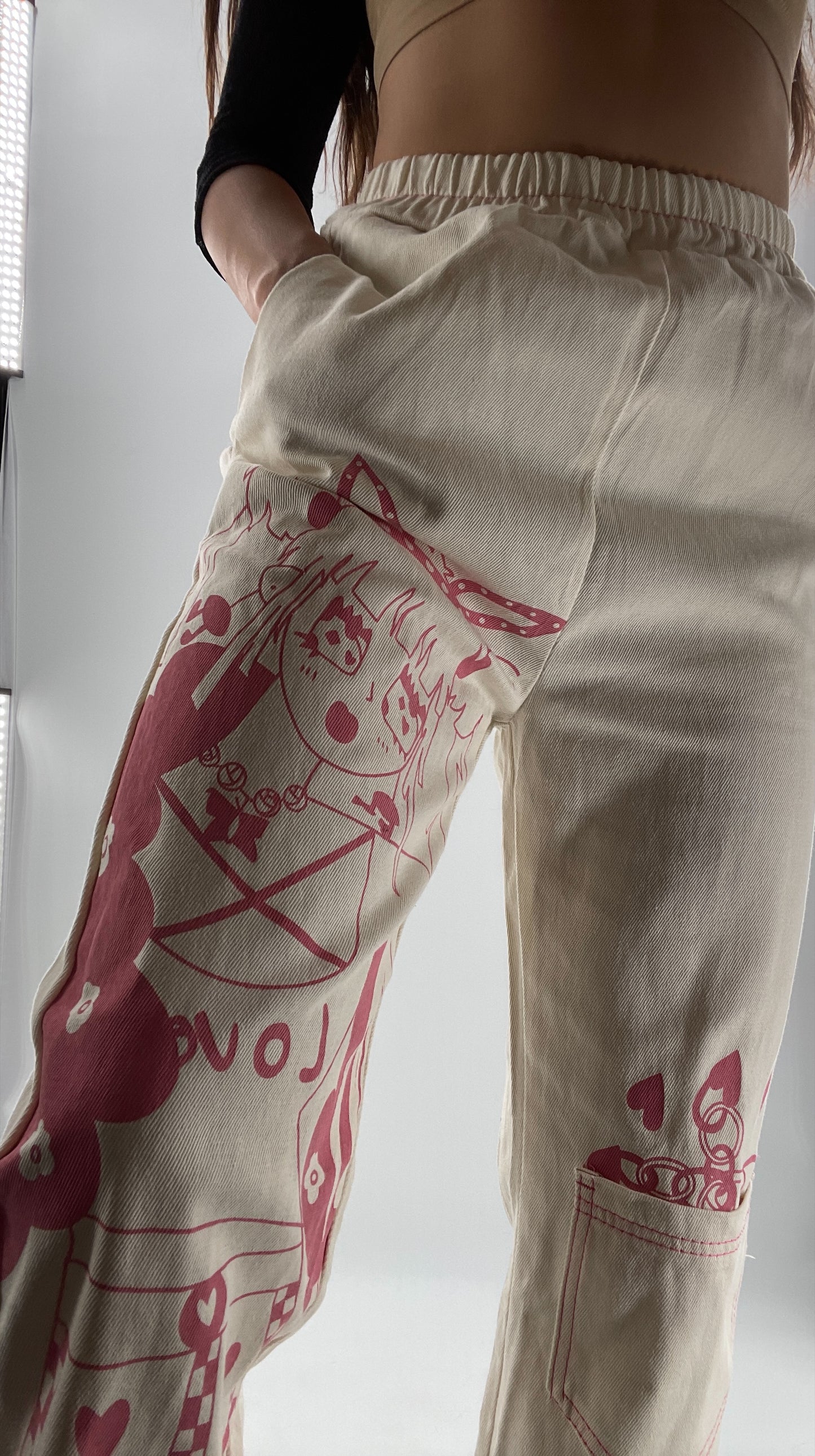 Beige Carpenter Pant with Pocket and Pink Anime Graphic (Medium)