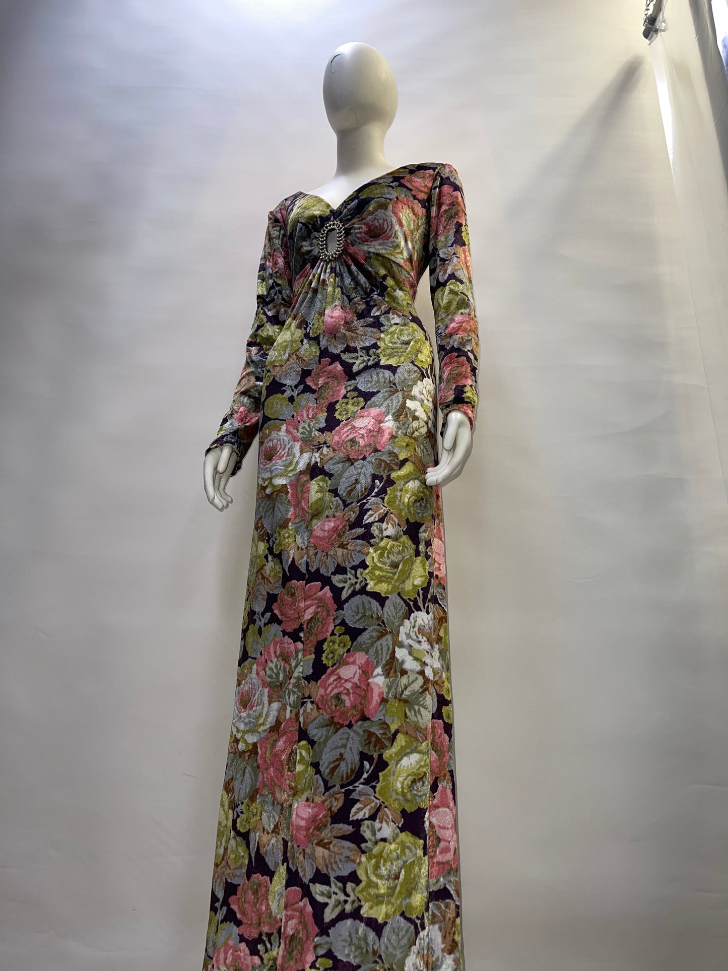 Workers Union (Vintage) Handmade Flowered Velour With Rhinestone Broche Maxi Dress (Sized M)