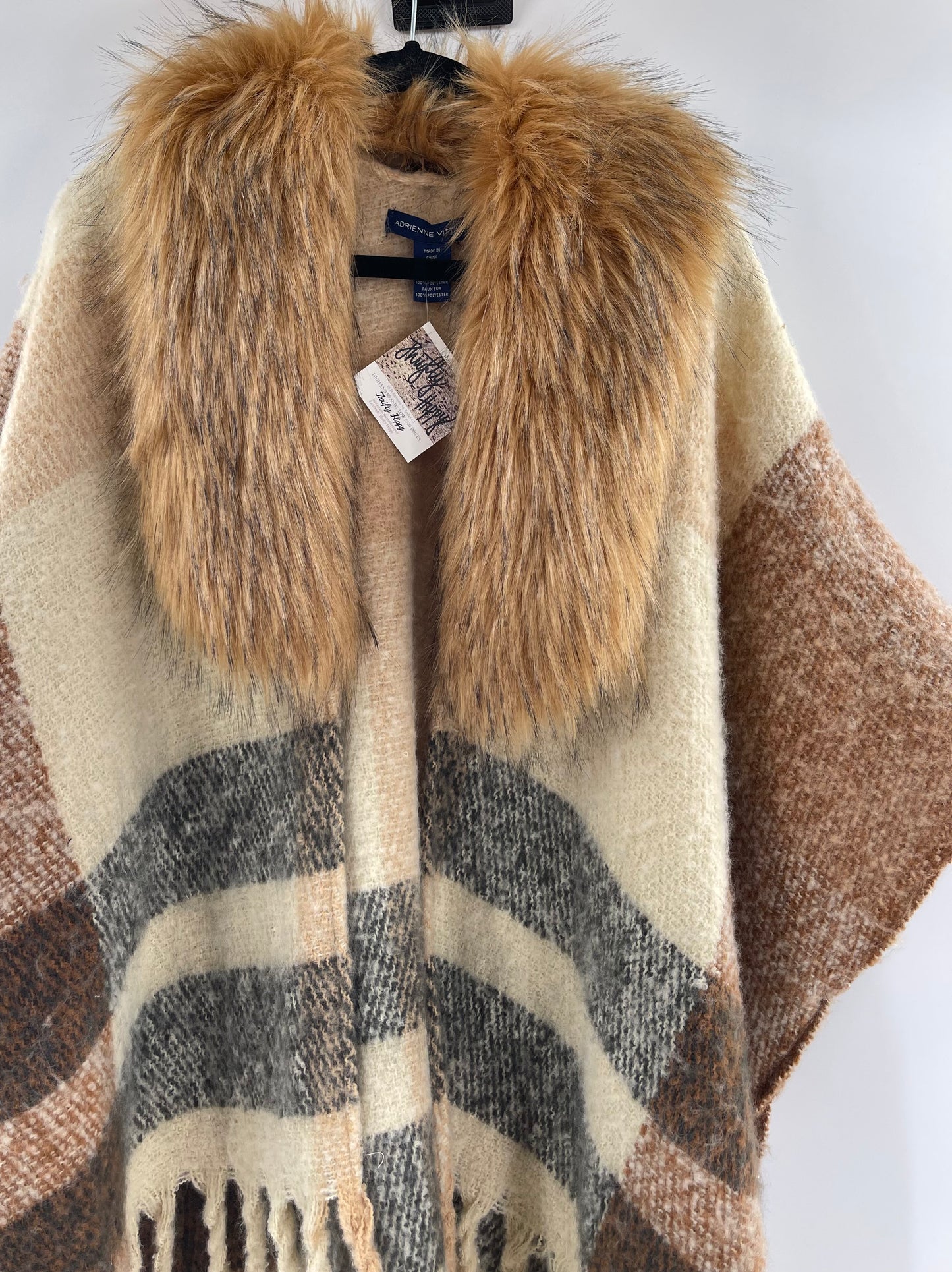 Adrienne Vitadinni Fringe Plaid Fur Collar Cape (OS)