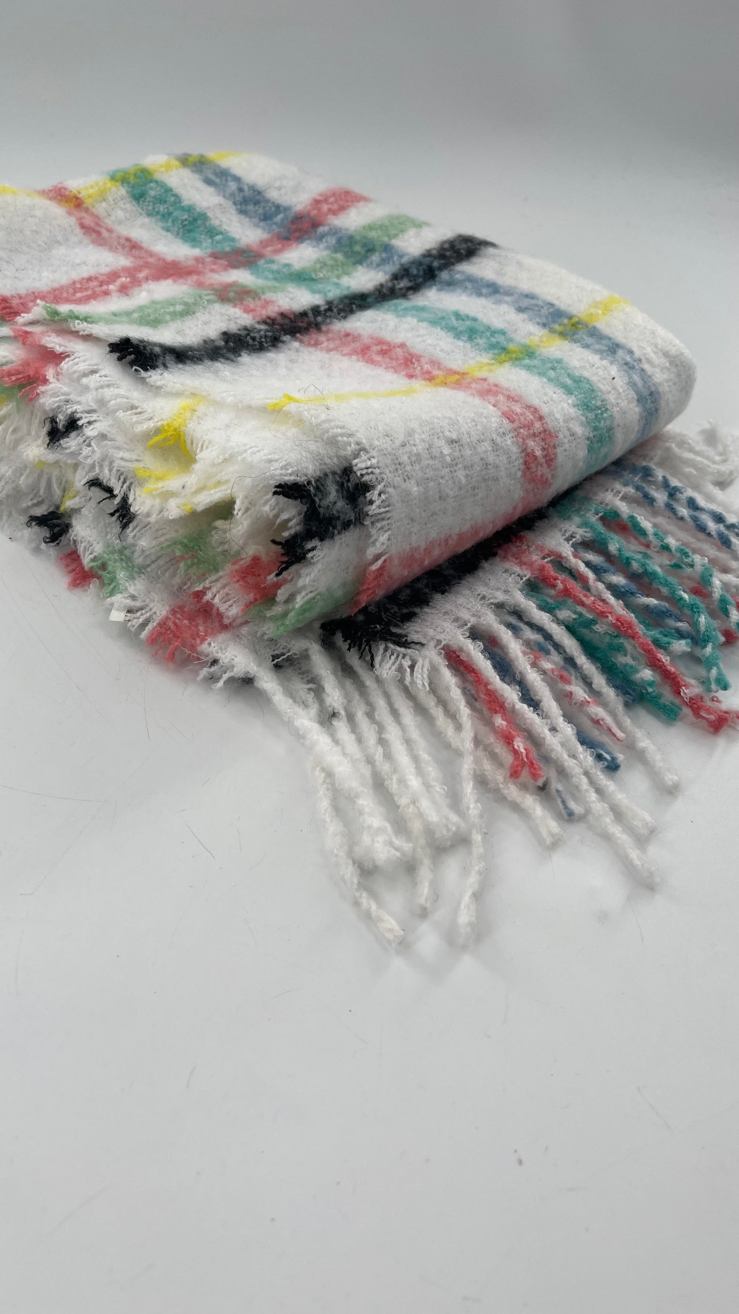 Aerie White Scarf with Colorful Flannel Pattern + Fringe