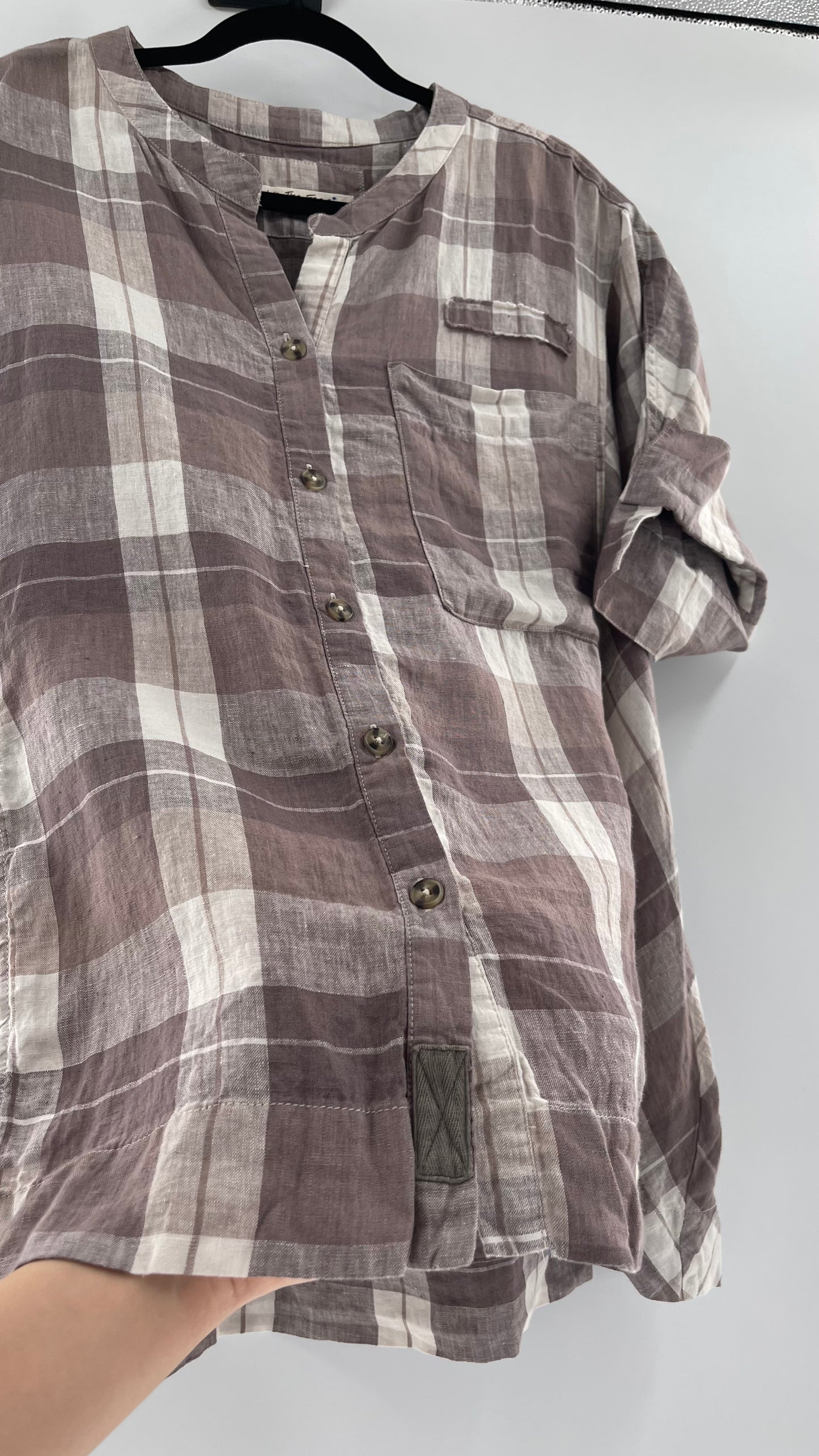 Free People 100% Linen Plaid Grey Short Sleeve (Small)