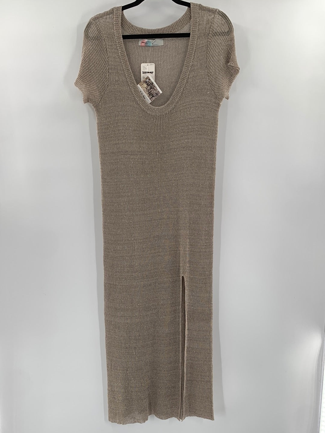 Free People Beach Beige Satin Knit Short Sleeve Front Slit (Size M) - With Tag -