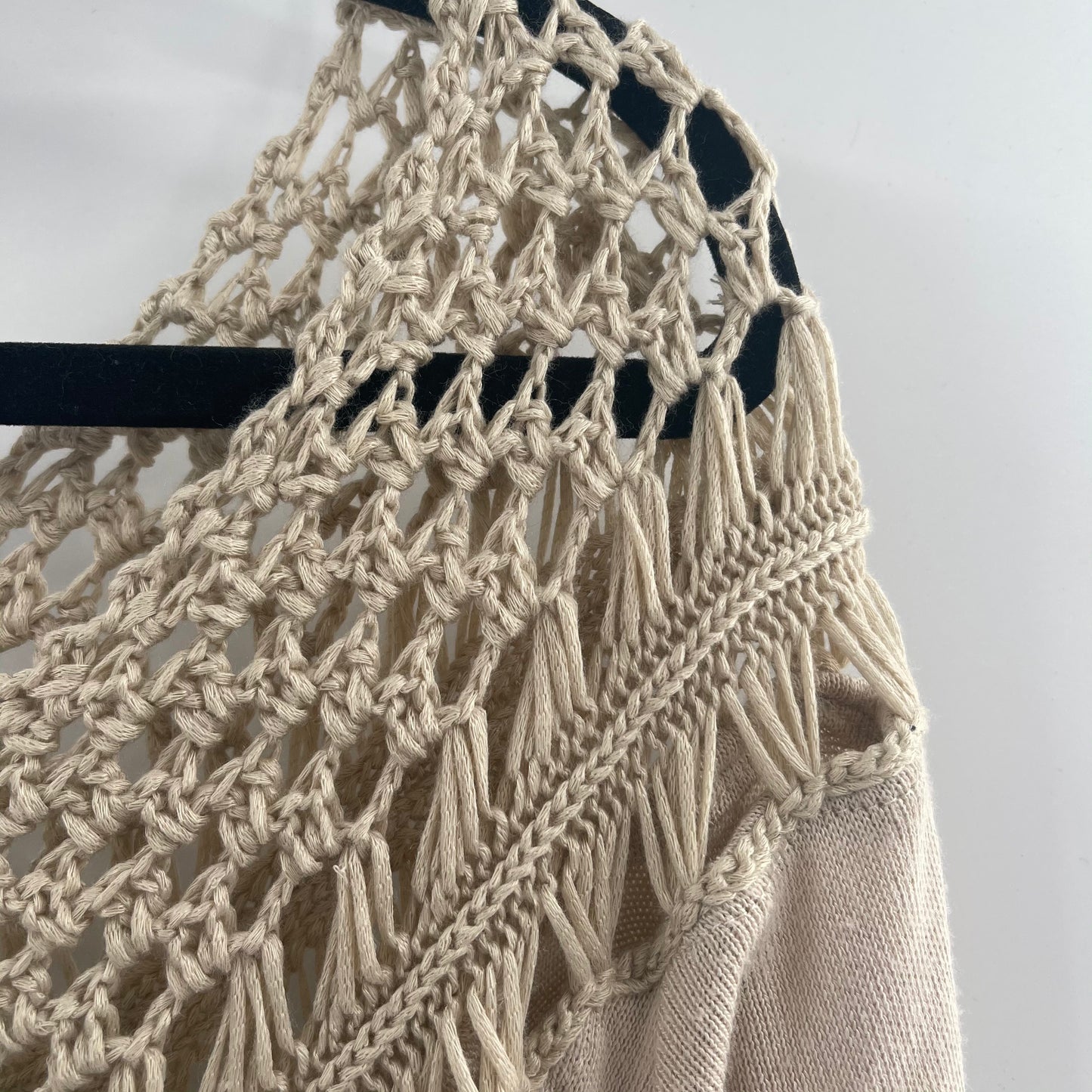 Free People - We The Free - Short Sleeve Light Beige Top with Crochet and Macrame Details on Neckline (Size XL)