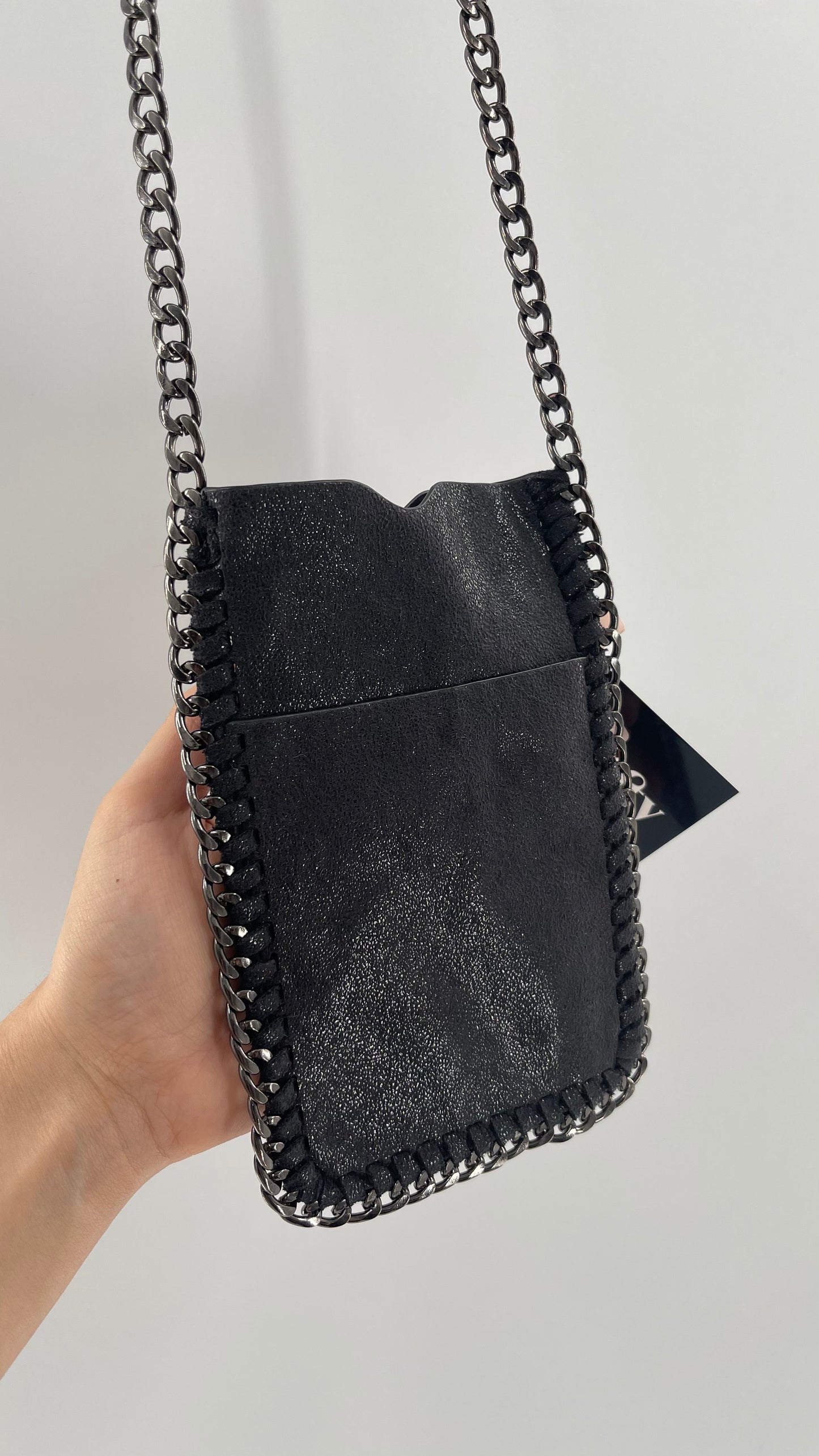Metallic Black Leather Chain Lined Phone Pouch