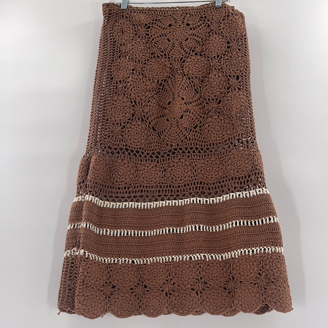 Free People Brown Short with Flowered Crochet Long Skirt (Size L)