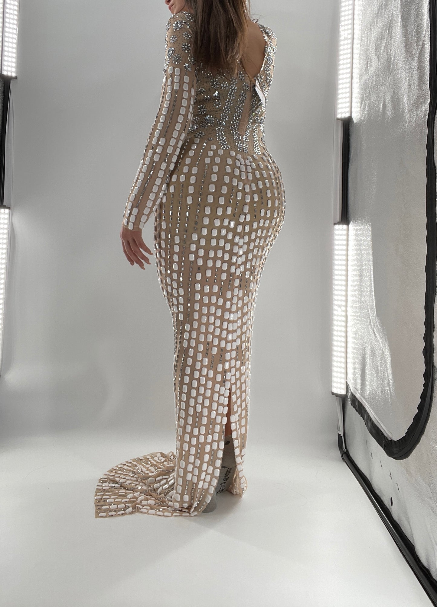 Modified Floor Length Gown Nude Underlay with Crystals and White Jewels (Medium)