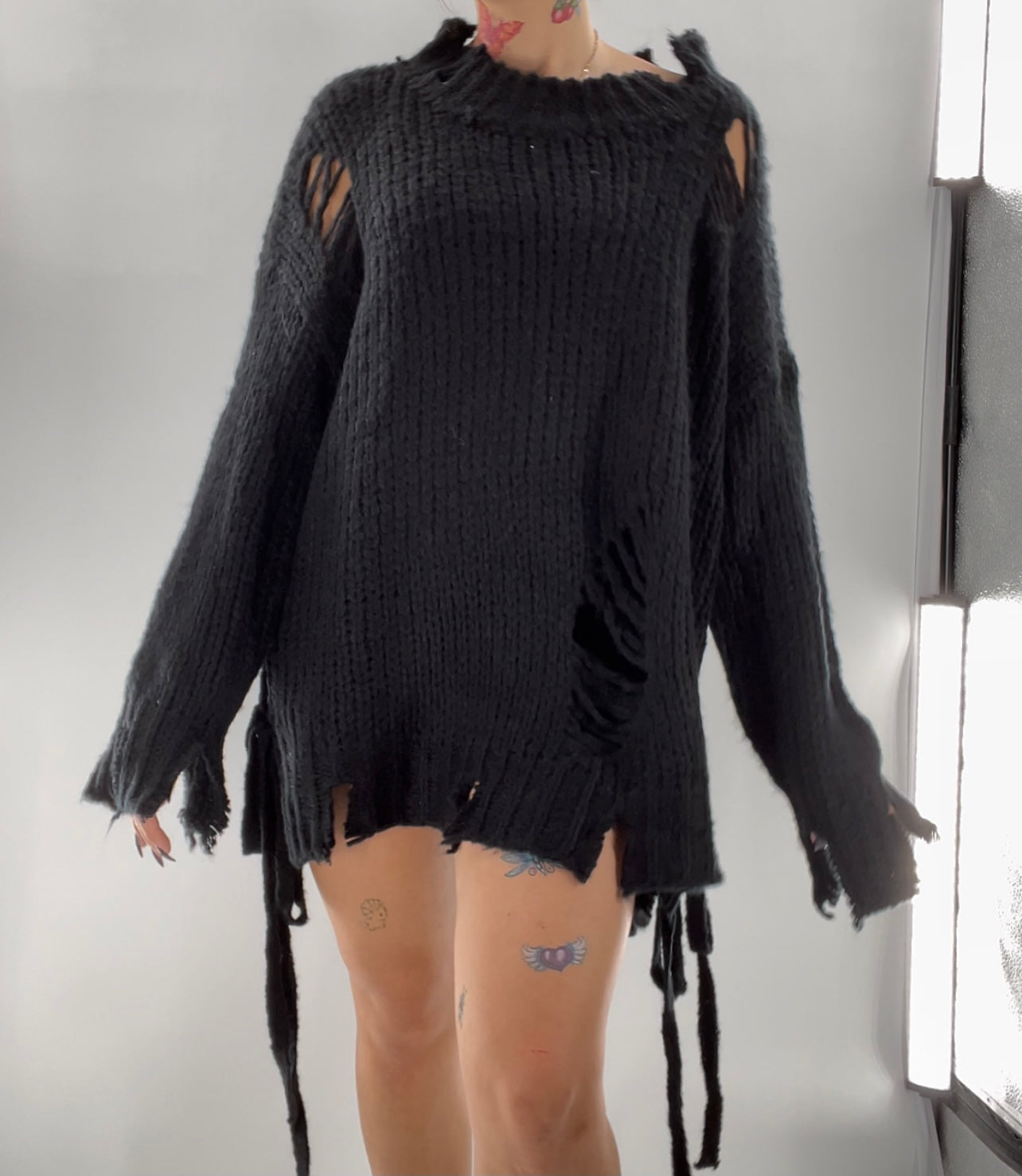 Black Distressed Tie Side Sweater (L)