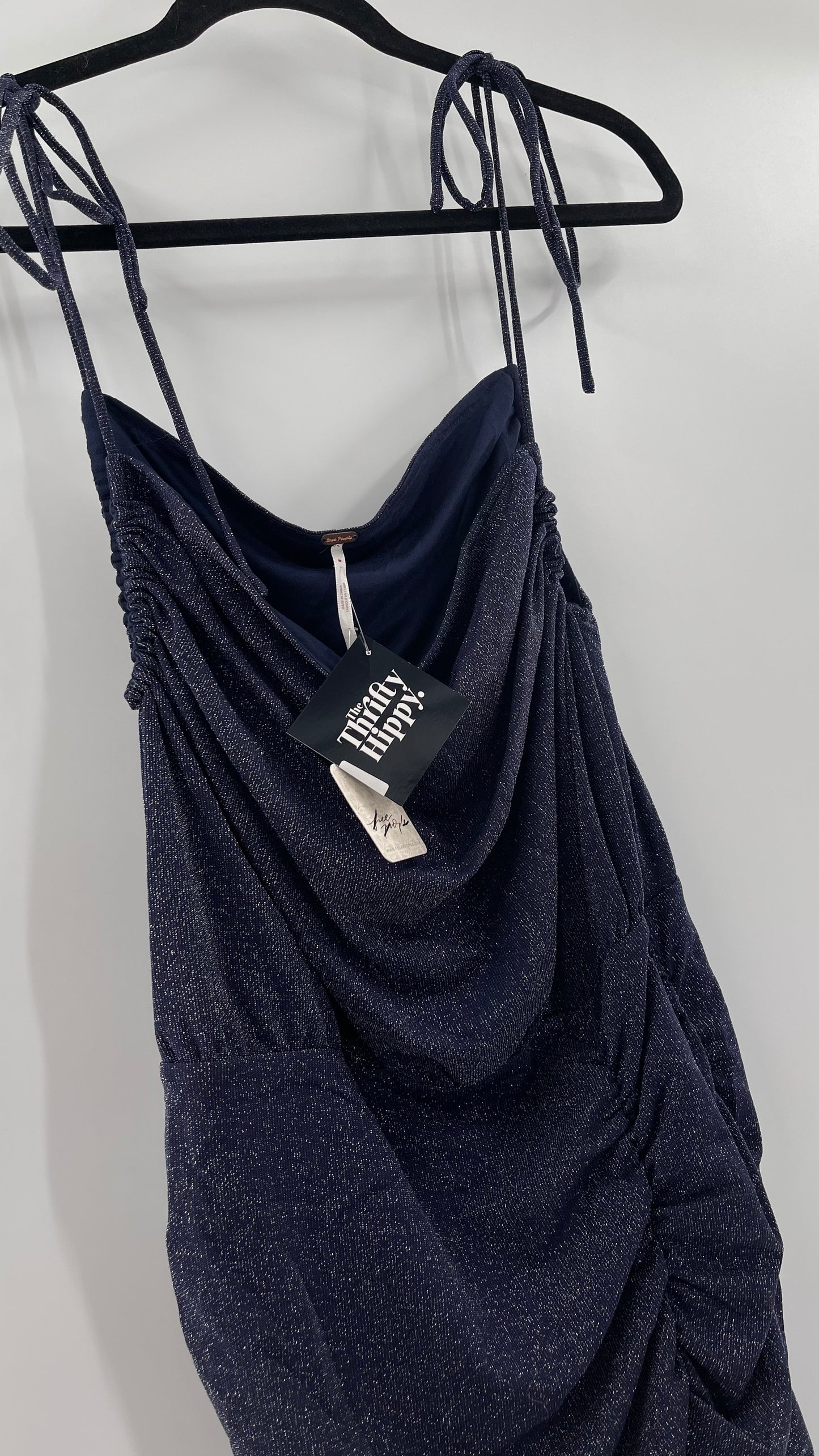 Free People Navy Glitter Ruche Dress (Large)