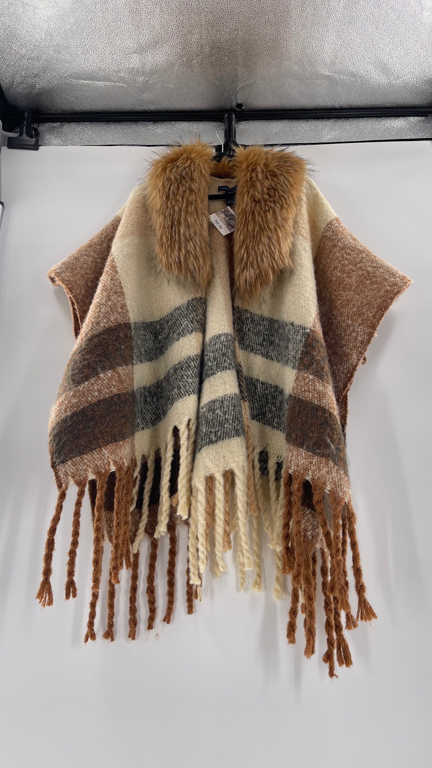 Adrienne Vitadinni Fringe Plaid Fur Collar Cape (OS)