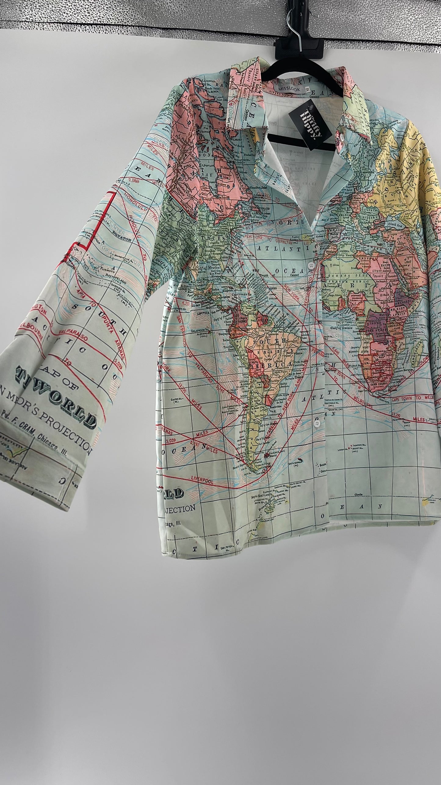 MISSLOOK Globe Map Long Sleeve Graphic Button Up (Medium)