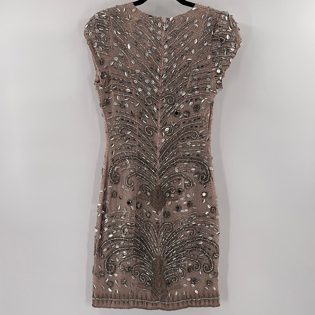 Parker Black Beige Beaded Midi Dress (Size 2)