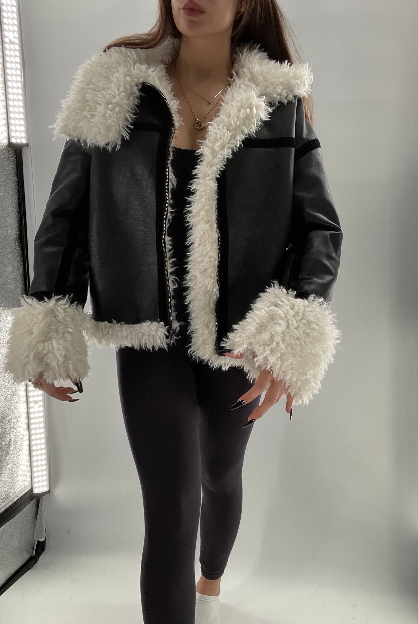 LIONESS Phoenix Jacket Black Faux Leather White Fur Trim (XS)