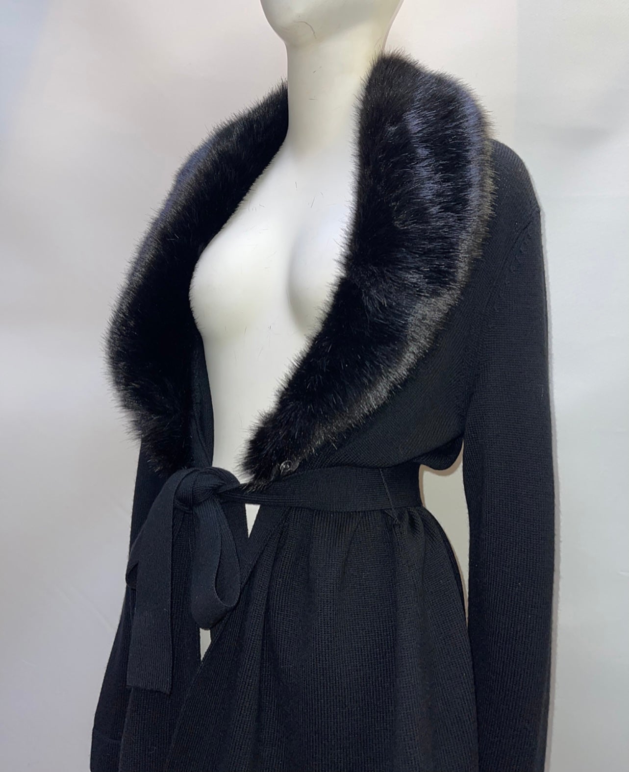 Talbots Black Jacket Cardigan with Fur Collar and Belt (Size L)
