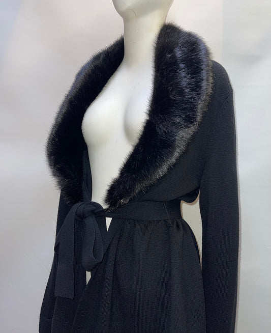 Talbots Black Jacket Cardigan  with Fur Collar and Belt (Size L)