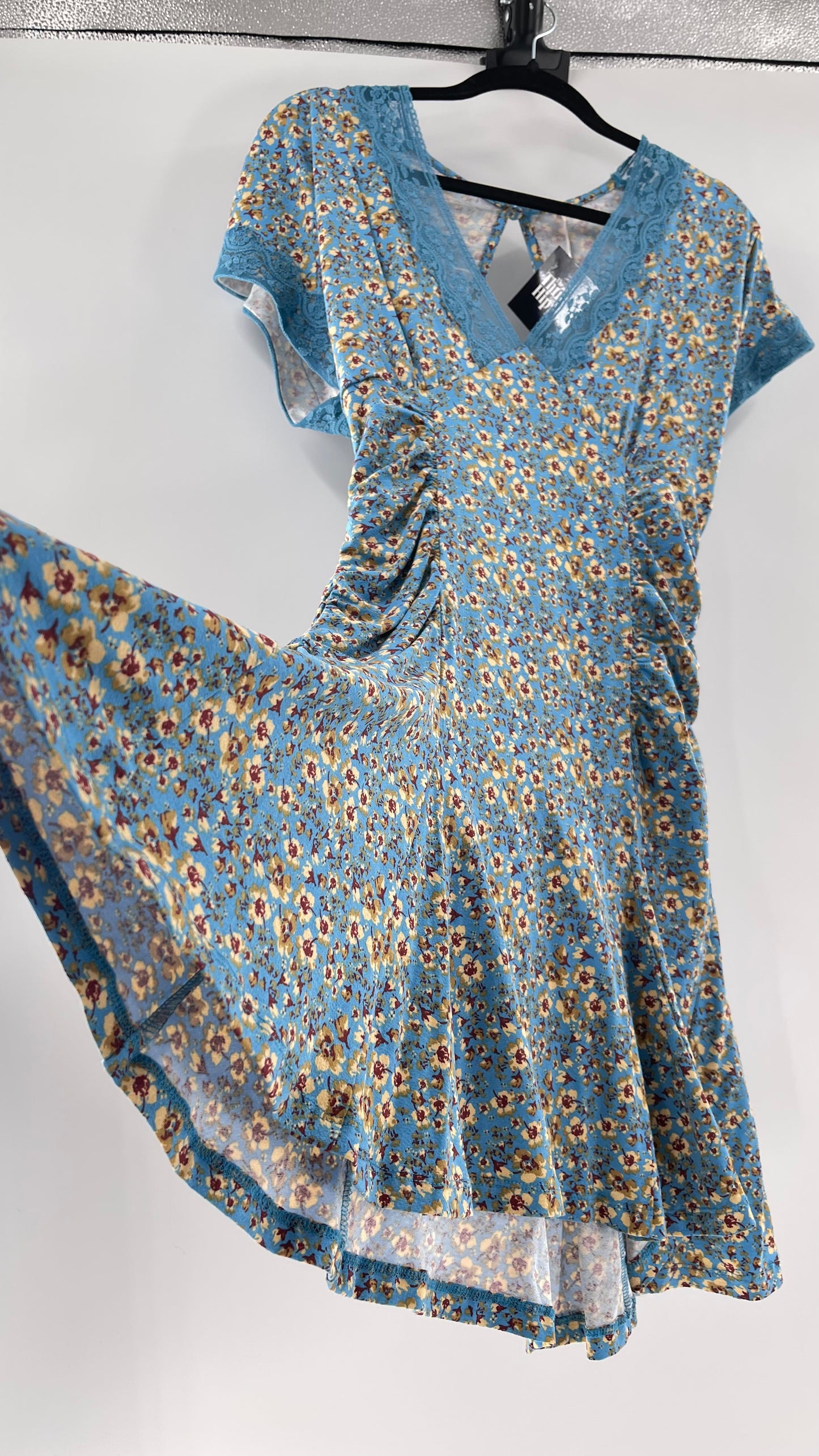 Free People Sweet Talker Blue Floral Ruched Mini Dress (Medium)