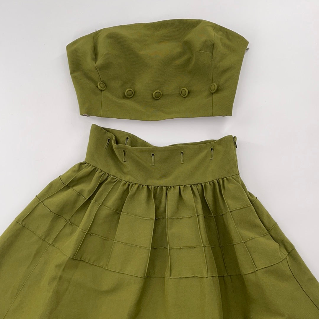 Maeve - Anthropologie Strapless Oliver Green Pleated MIDI Dress - Buttoned Under Breast- Could Separate and Make a 2 Piece Set - (Size 4)