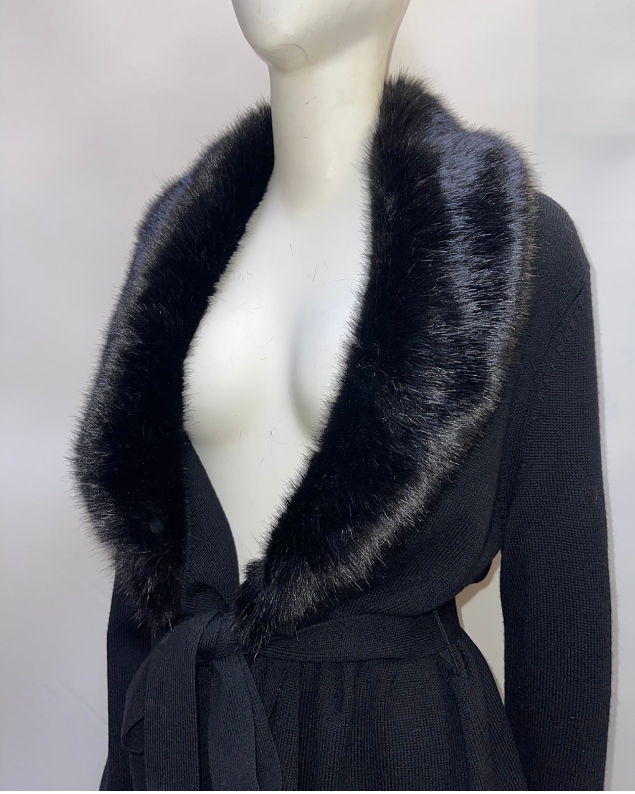 Talbots Black Jacket Cardigan with Fur Collar and Belt (Size L)