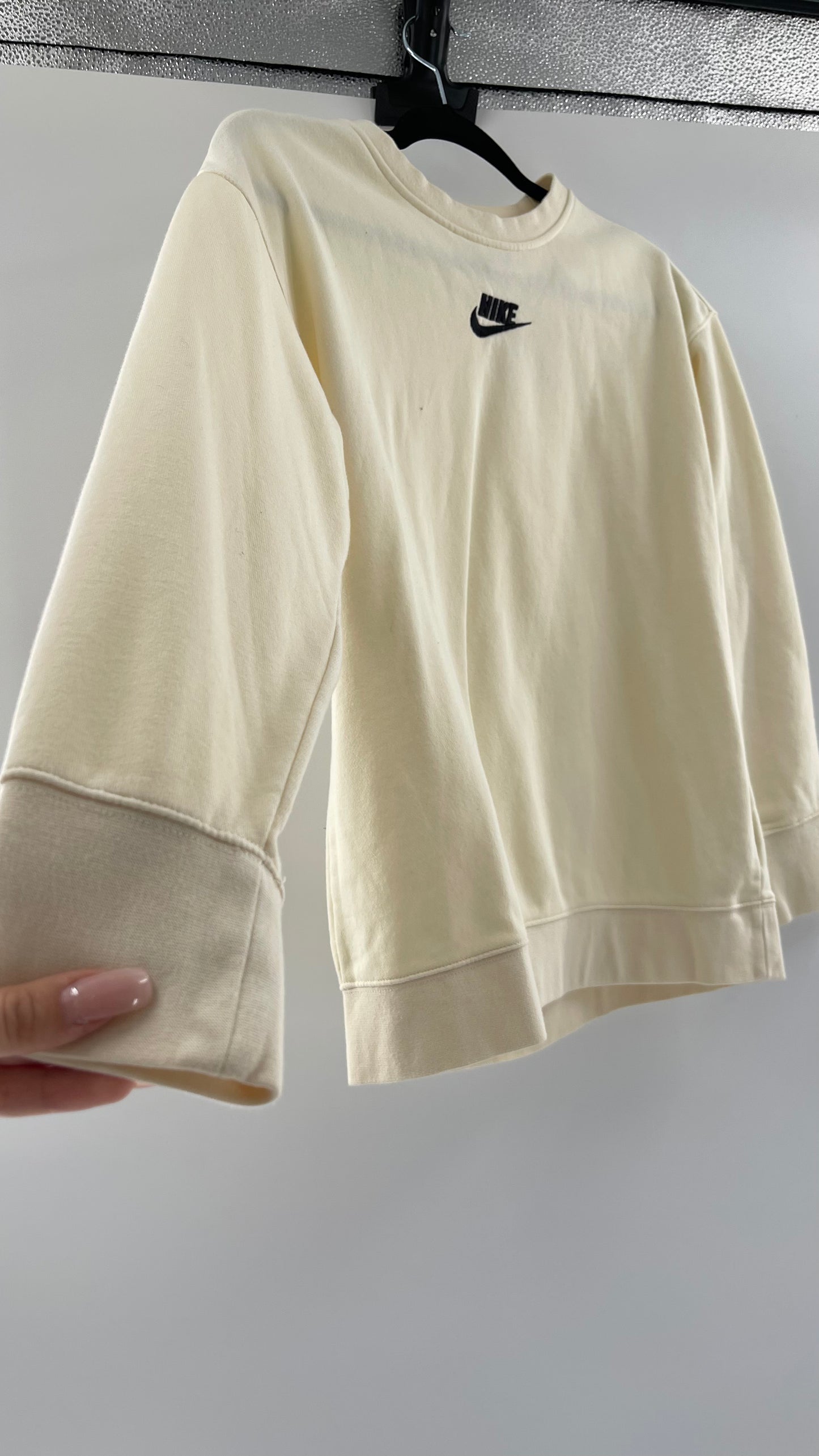 Cream Nike Crewneck with Minimalist Black Chest Logo (Large)