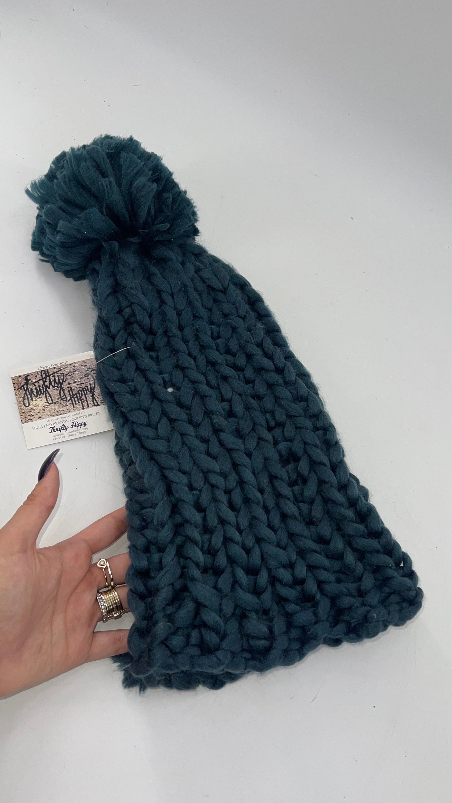 Free People Heavy Knit Navy PomPom Beanie