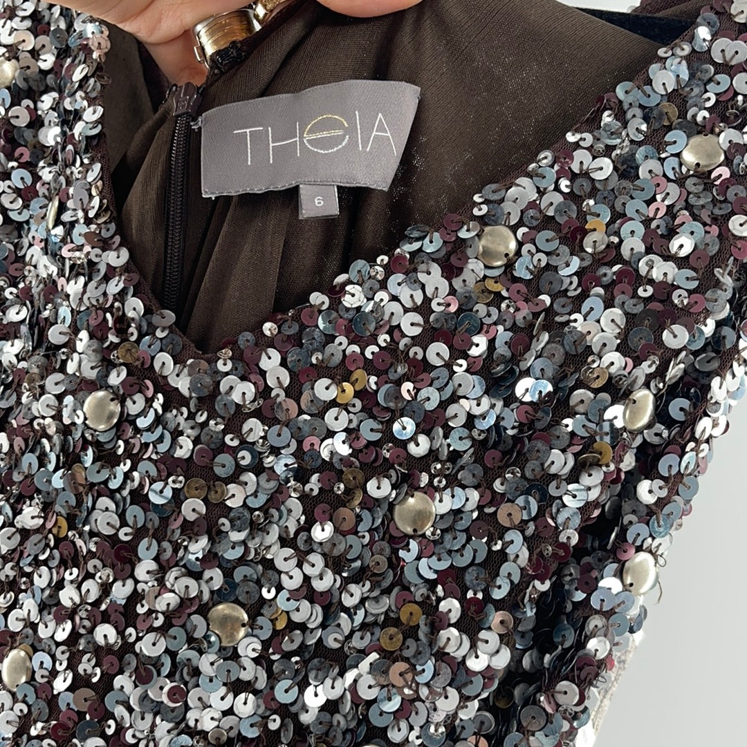 Theia (Vintage With Tag) Sequin and Beaded Mixed Metal Tones Sleeveless V Neck Midi Dress (Size 6)