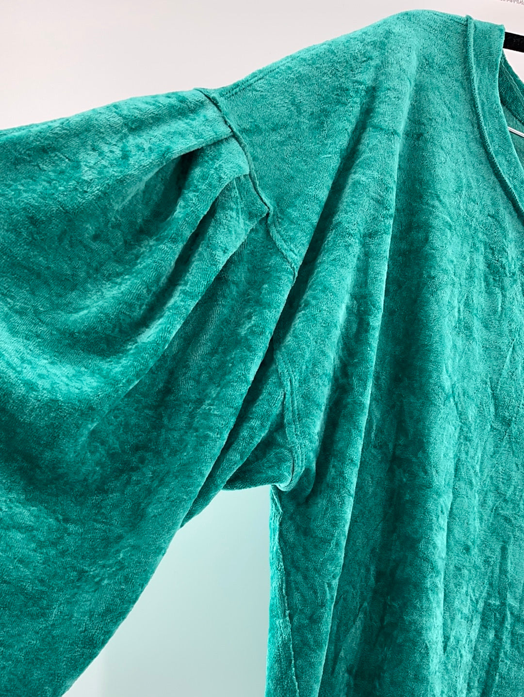 Free People -WE THE FREE Milan Crushed Velvet Long Balloon Sleeve Green Top (Size Large)
