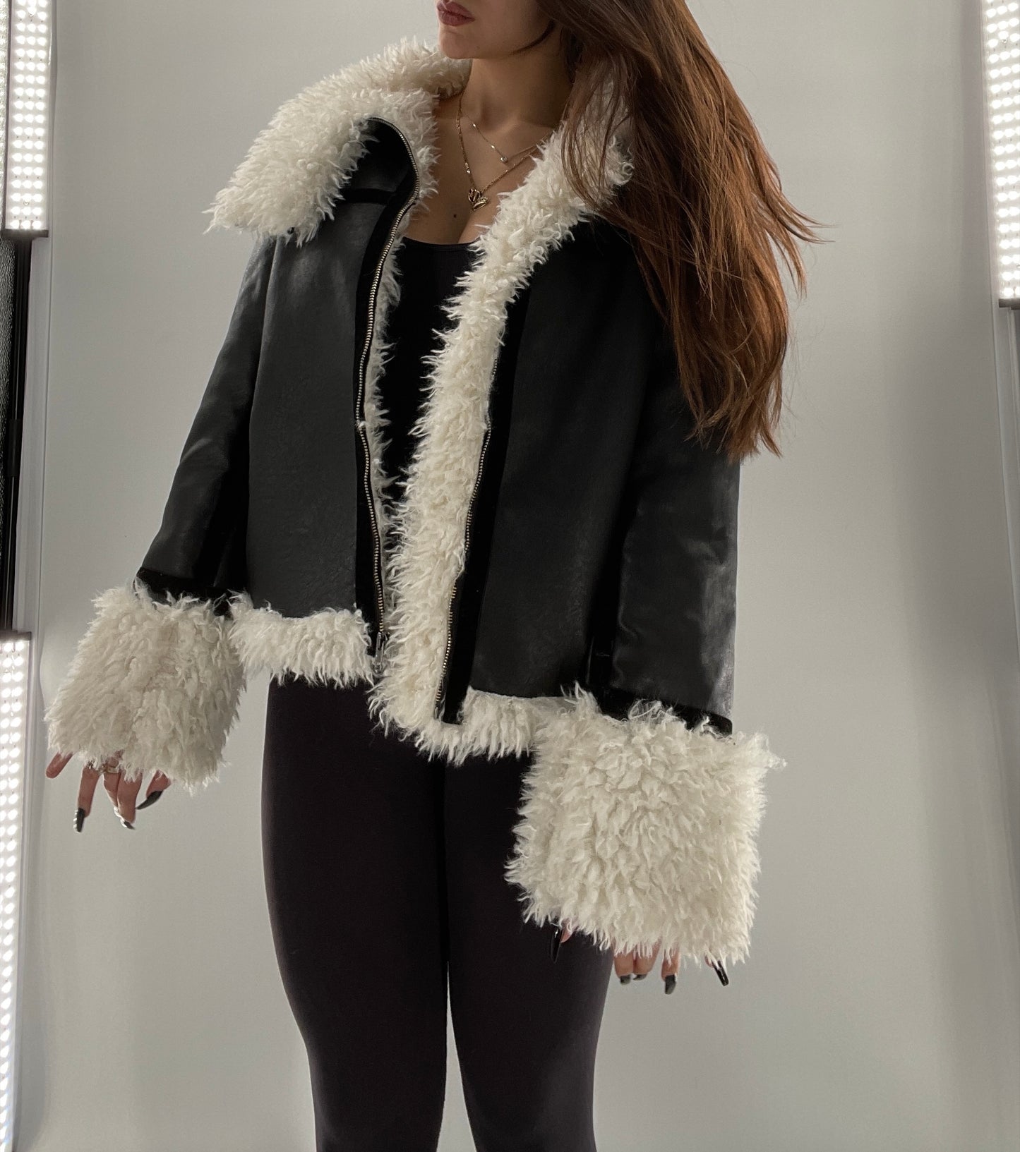 LIONESS Phoenix Jacket Black Faux Leather White Fur Trim (XS)