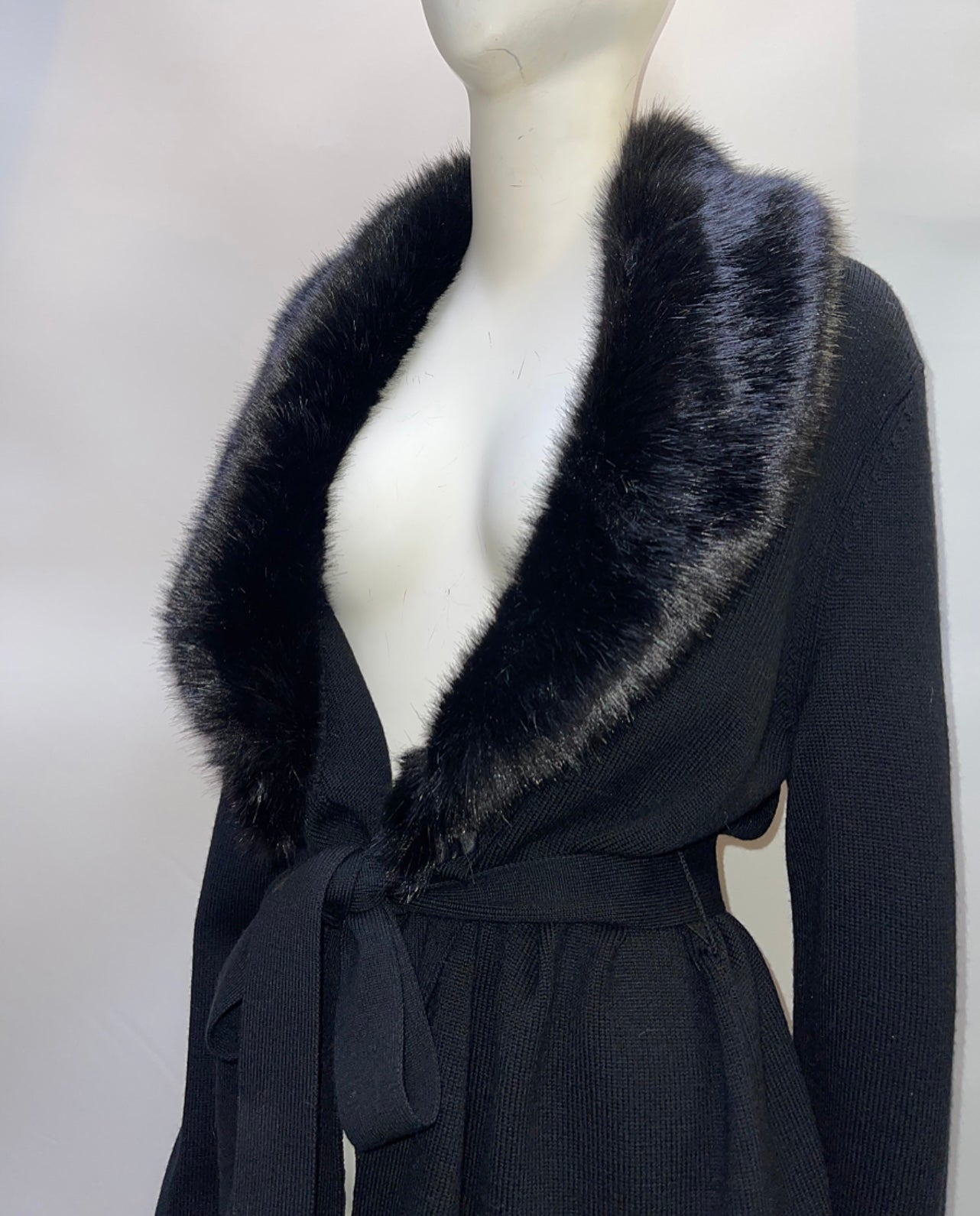 Talbots Black Jacket Cardigan with Fur Collar and Belt (Size L)