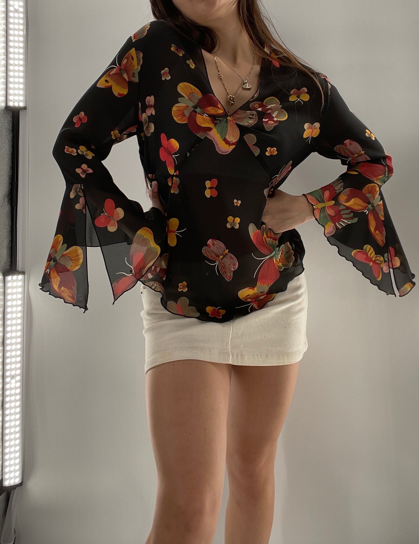 Vintage Butterfly Printed Sheer Bell Sleeve (S)