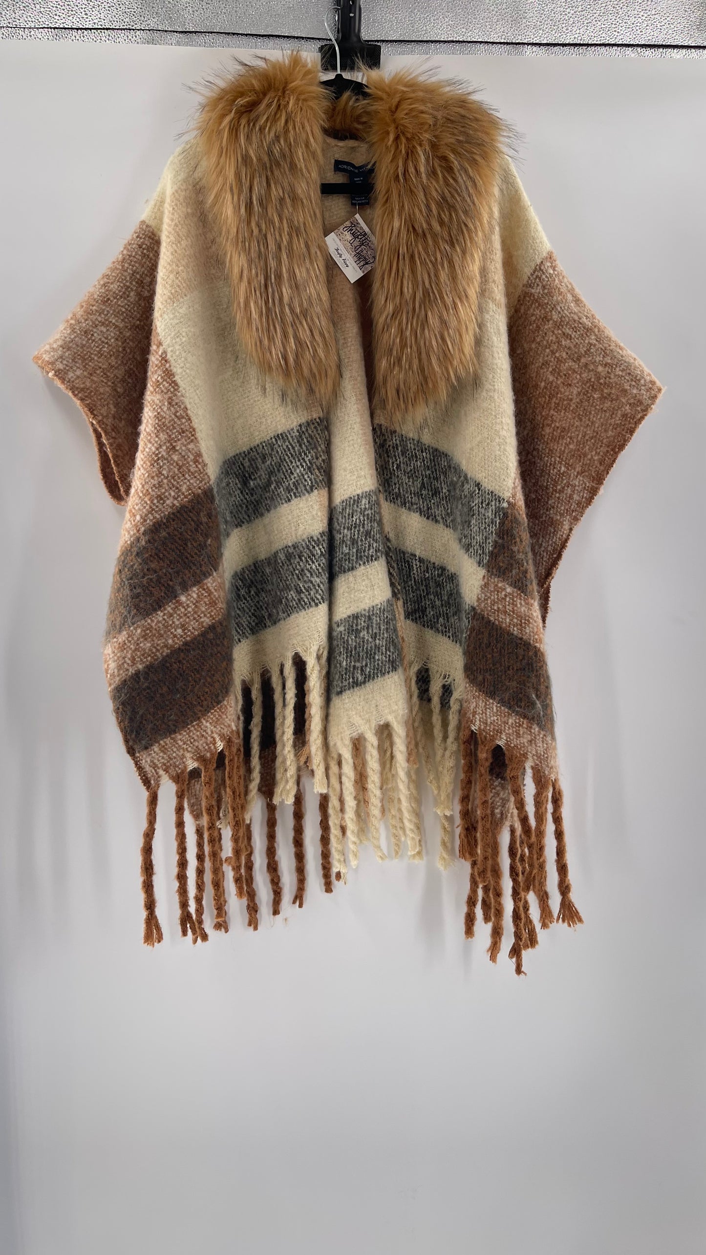 Adrienne Vitadinni Fringe Plaid Fur Collar Cape (OS)