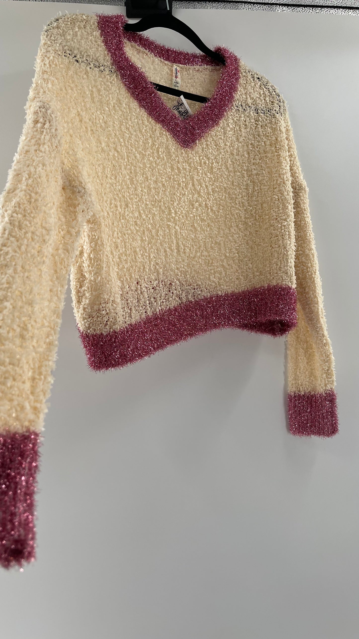 Anthropologie RAGA Cream and Fuchsia Tinsel Varsity Sweater (Large)