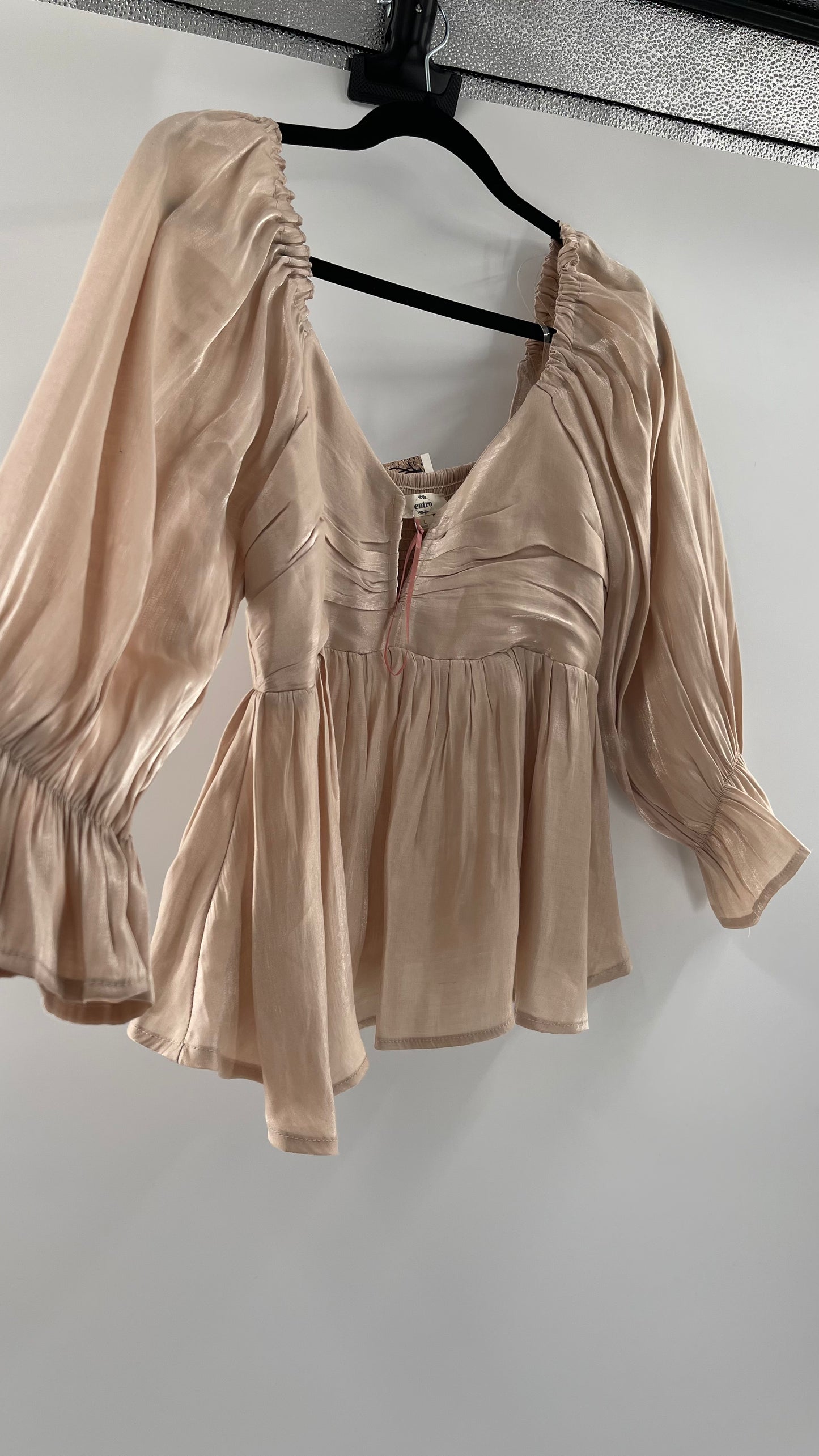Entro Beige/Gold Metallic Cropped Peplum Top (Large)