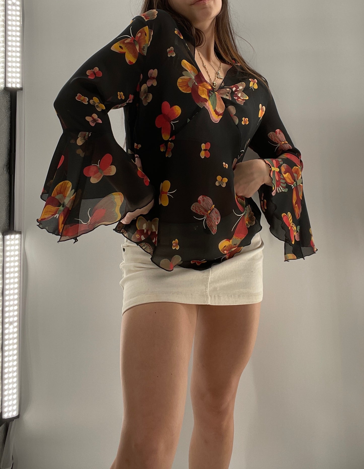 Vintage Butterfly Printed Sheer Bell Sleeve (S)