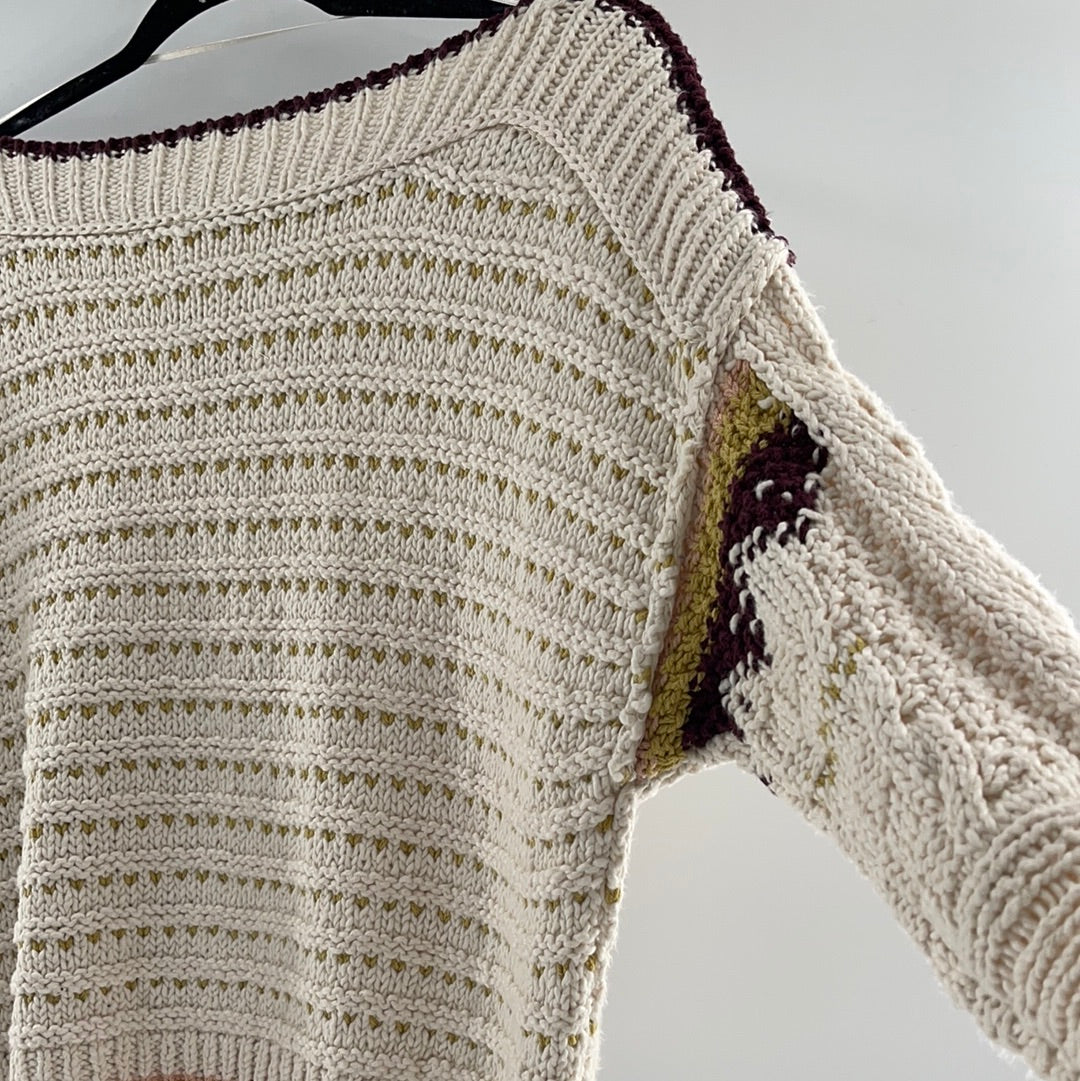 Free People Distressed Cropped Sweaters Cream With Burgandy Mustard and Pink Details (Size XS)