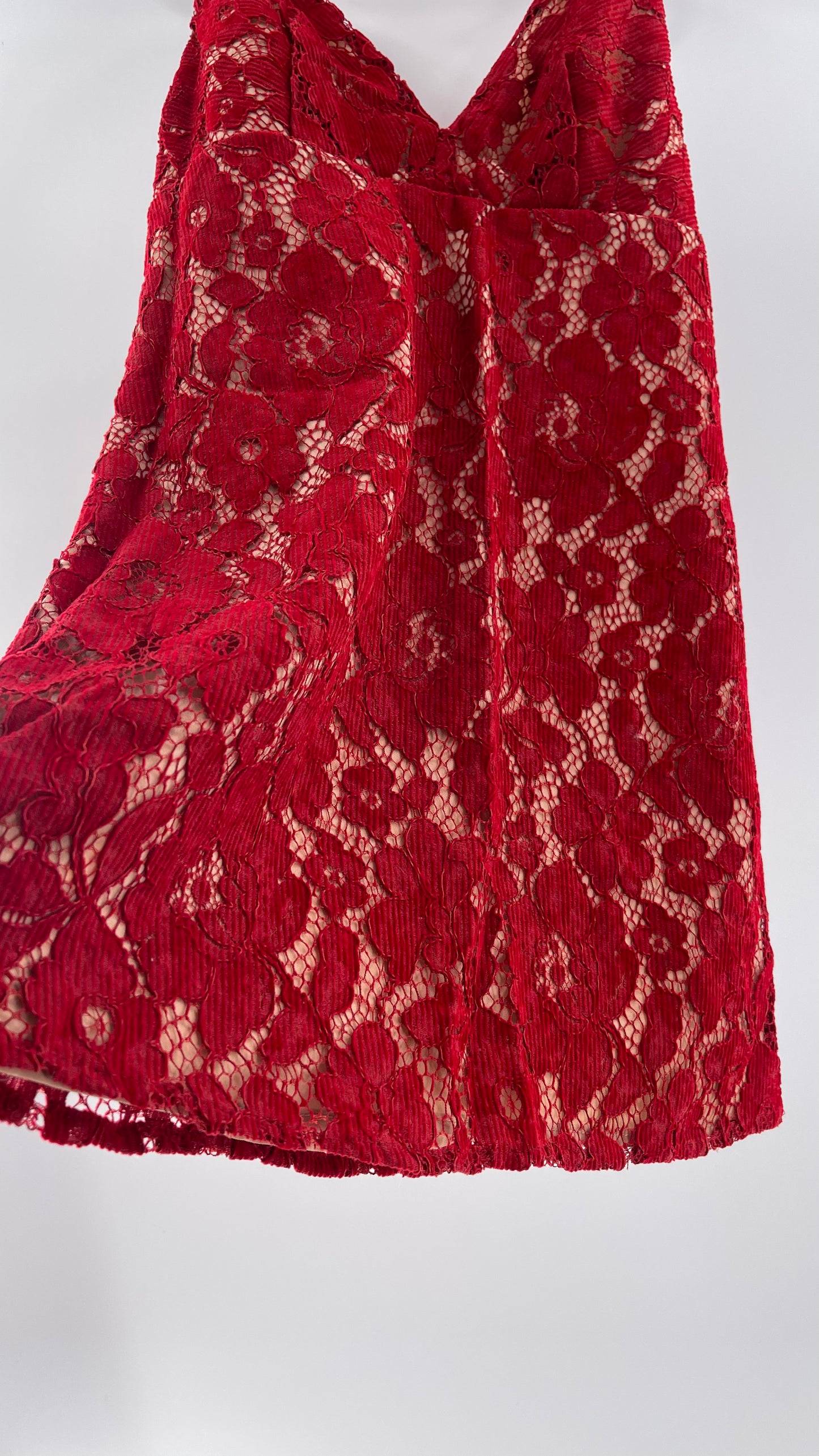 Free People Red Corduroy Lace Over Nude Underlay Sleeveless Mini Dress (Size 0)