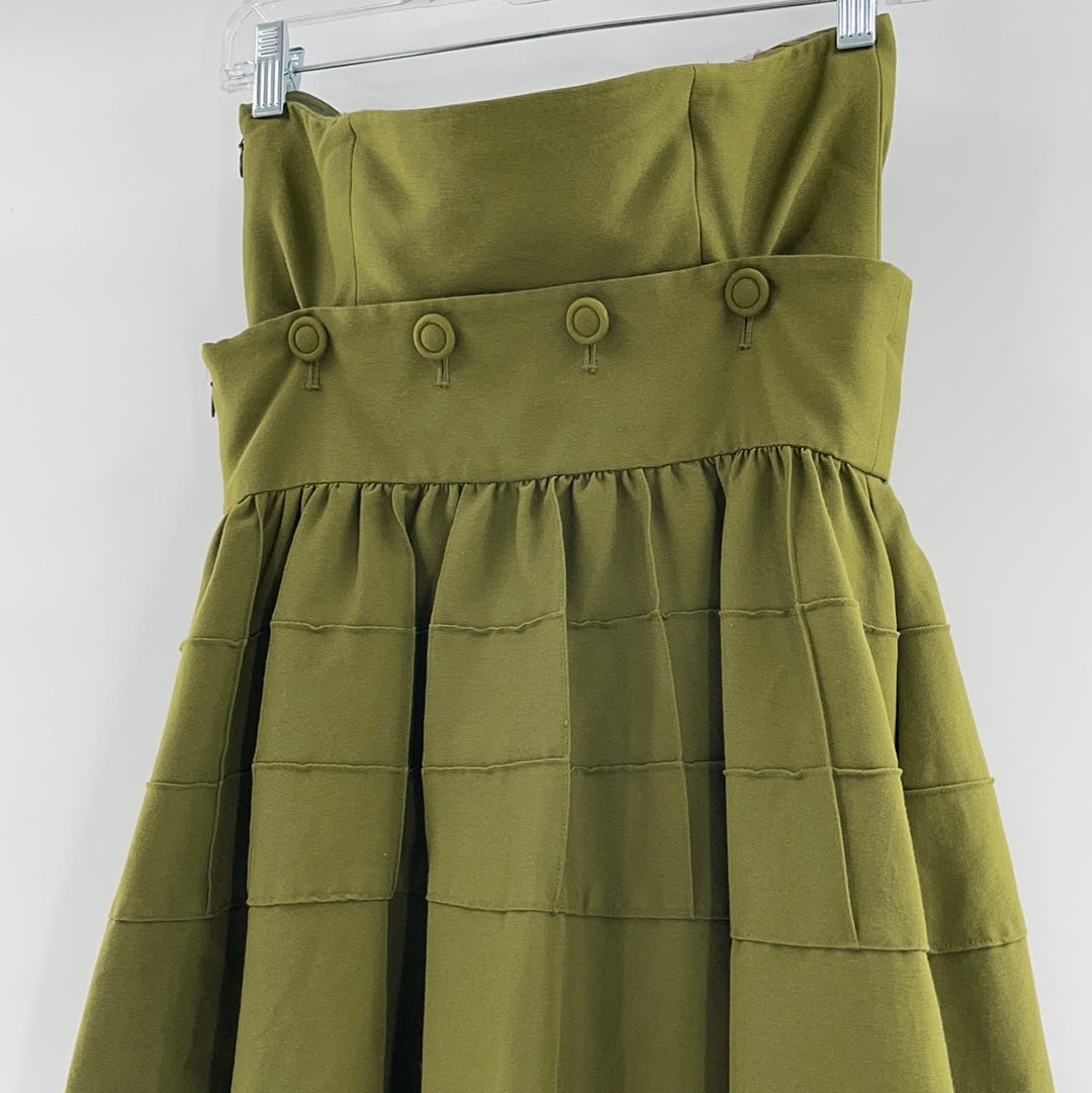 Maeve - Anthropologie Strapless Oliver Green Pleated MIDI Dress - Buttoned Under Breast- Could Separate and Make a 2 Piece Set - (Size 4)