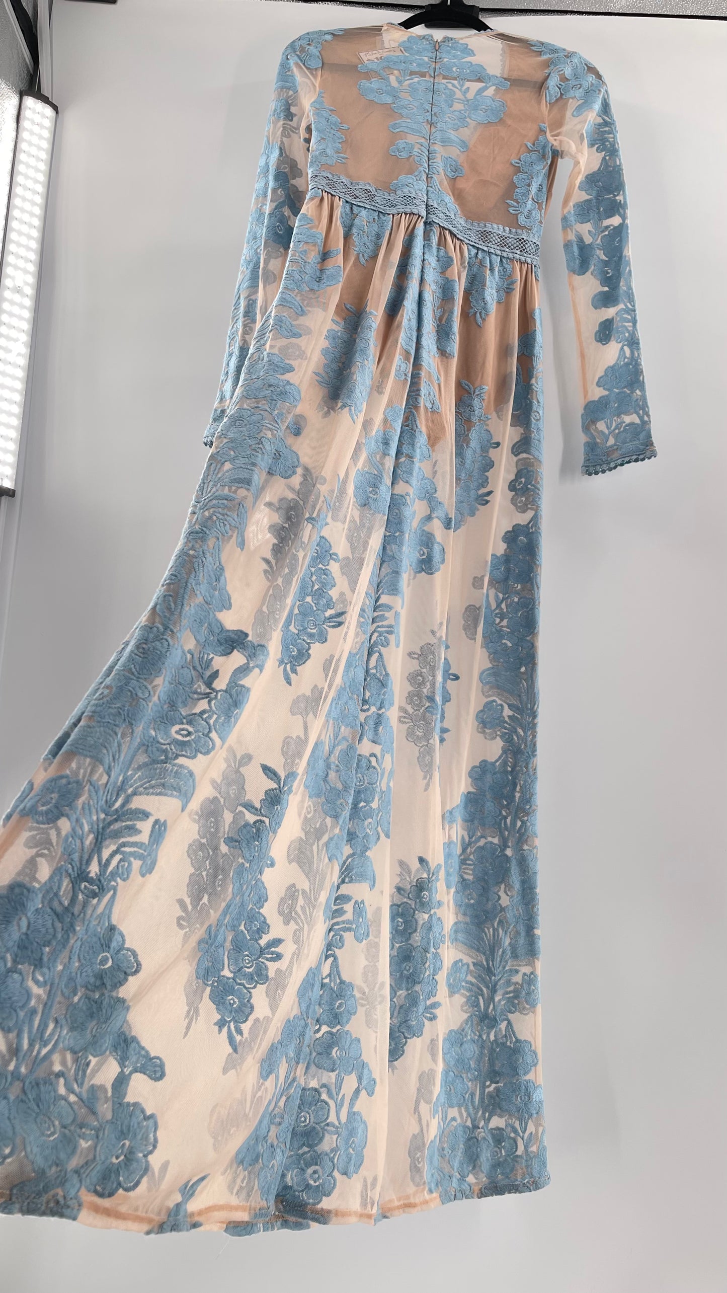 For Love and Lemons Powder Blue Embroidered Temecula Maxi Dress