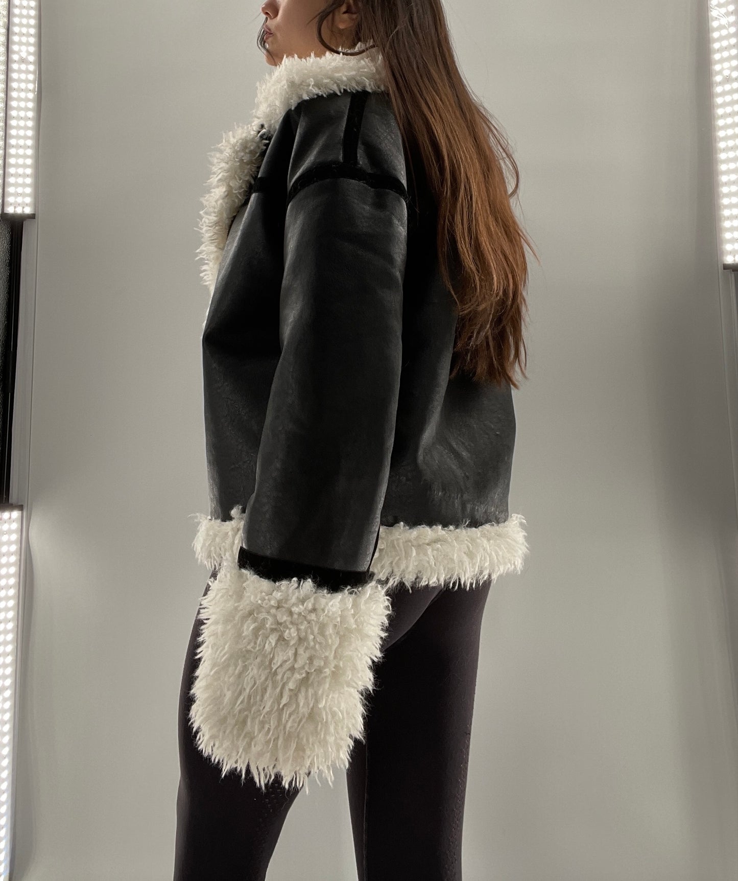 LIONESS Phoenix Jacket Black Faux Leather White Fur Trim (XS)